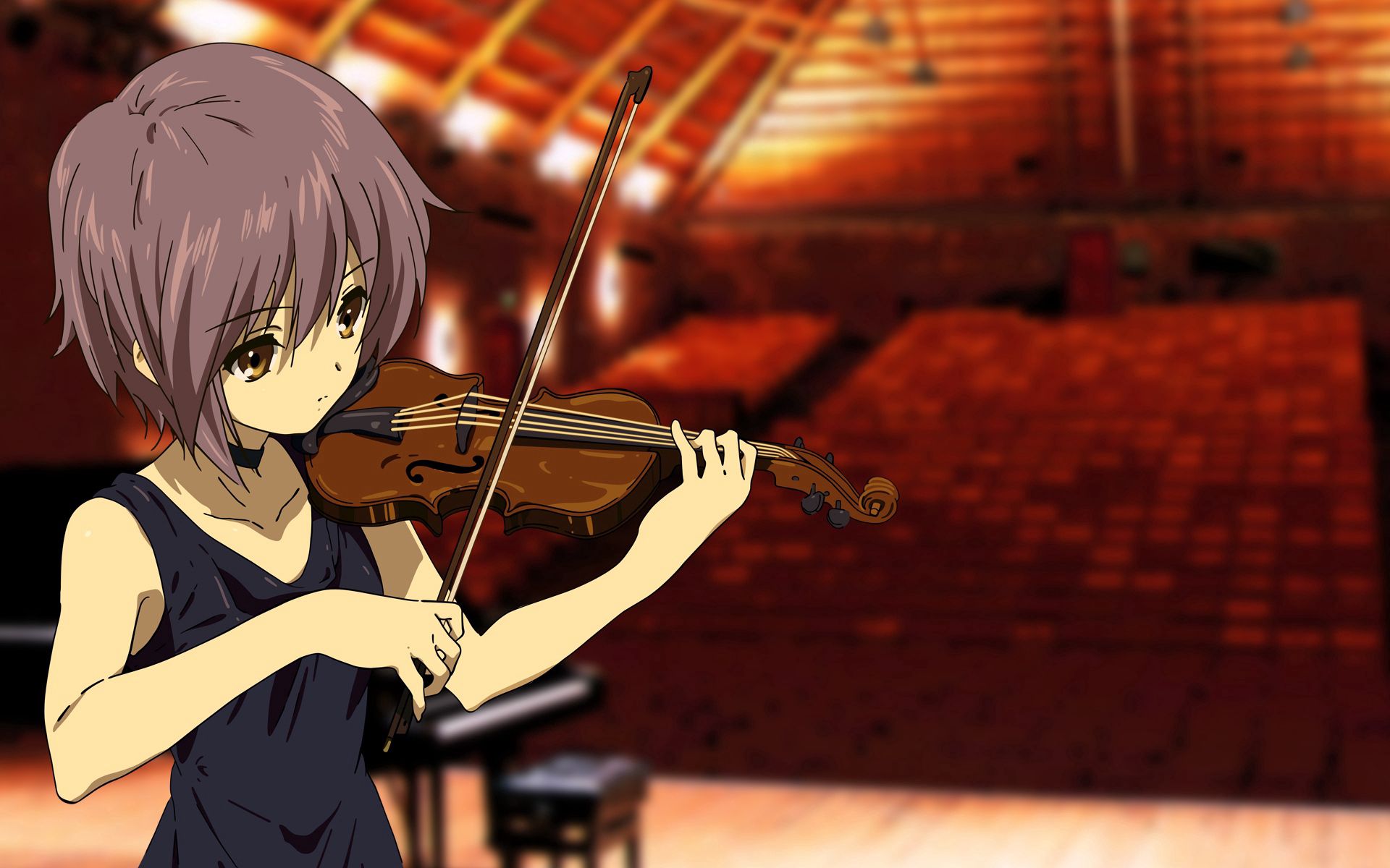 music, anime, girl, bow, hall, violin, theatre