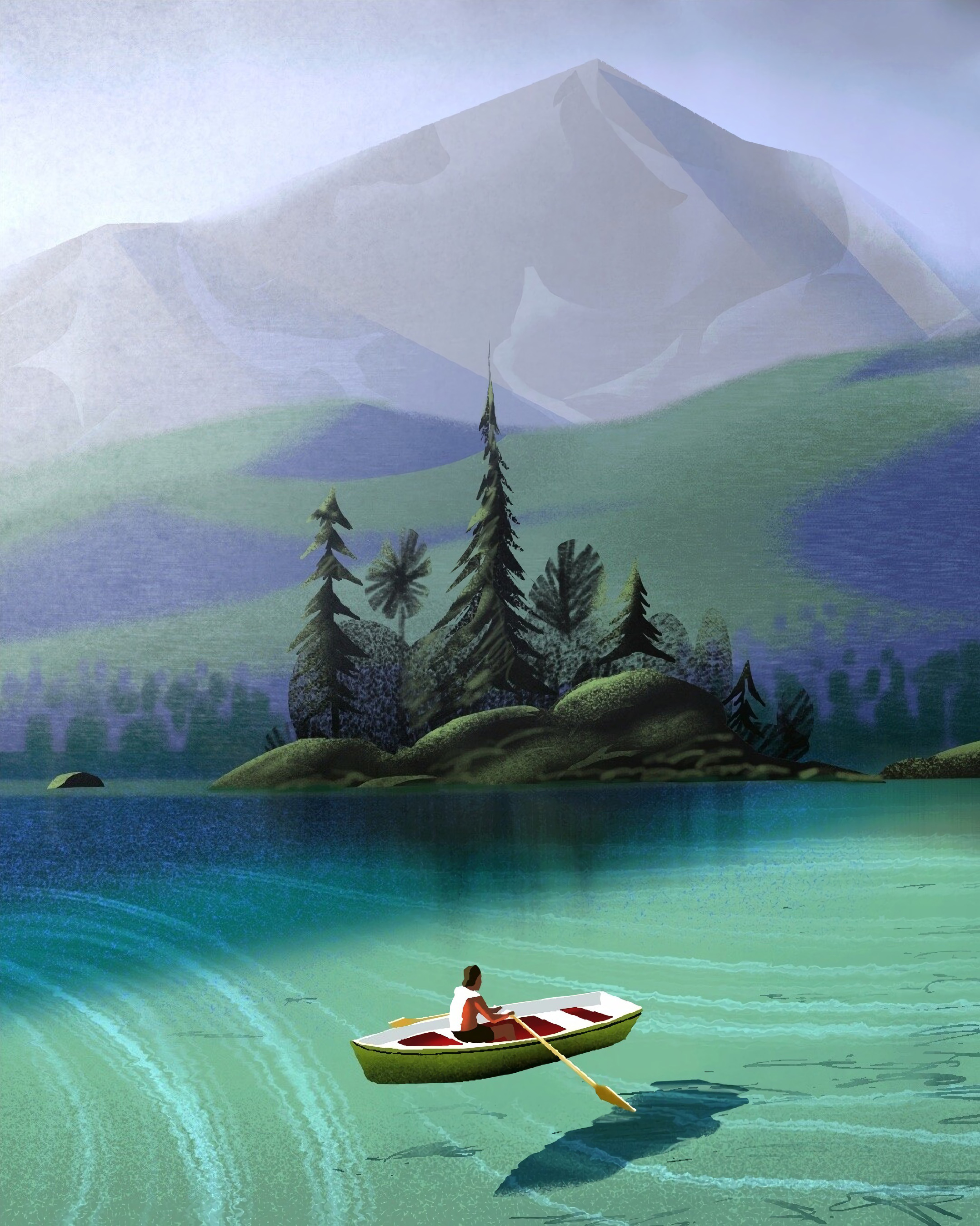 art, island, sea, boat, human, person wallpaper for mobile