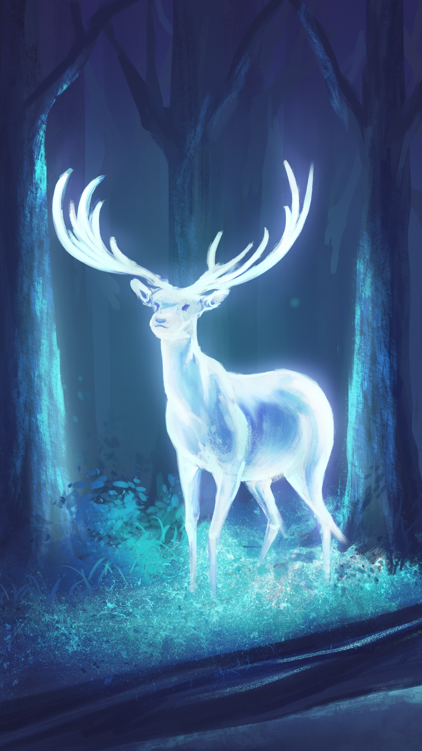Laden Sie das Fantasie, Wald, Hirsch, Nacht, Fantasietiere-Bild kostenlos auf Ihren PC-Desktop herunter