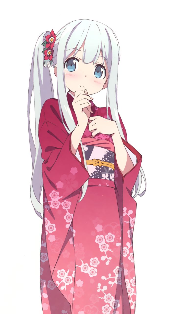 Téléchargez des papiers peints mobile Kimono, Yeux Bleus, Animé, Rougir, Cheveux Longs, Cheveux Blancs, Eromanga Sensei, Sagiri Izumi gratuitement.