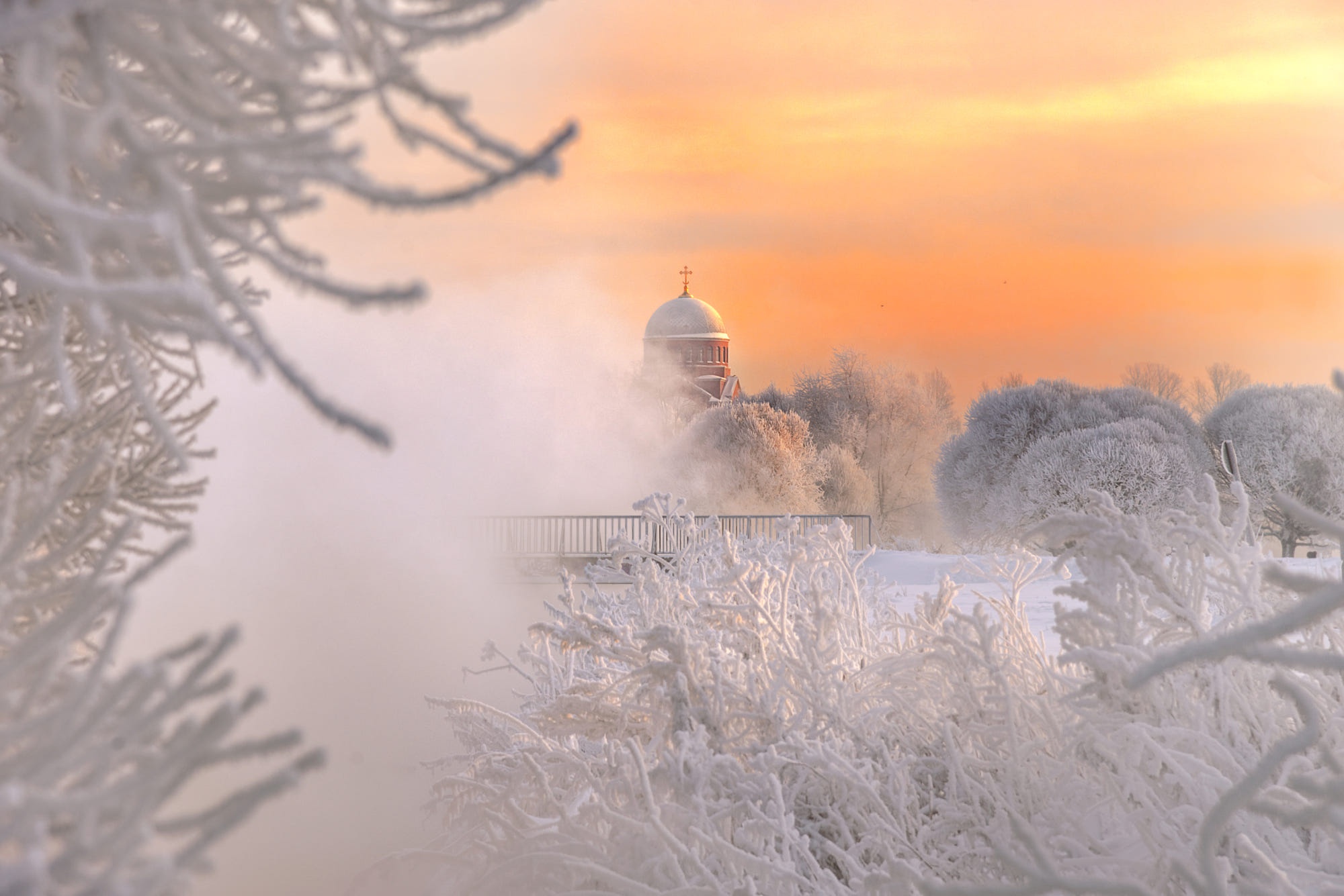 Free download wallpaper Winter, Snow, Dawn, Fog, Frost, Church, Churches, Religious on your PC desktop