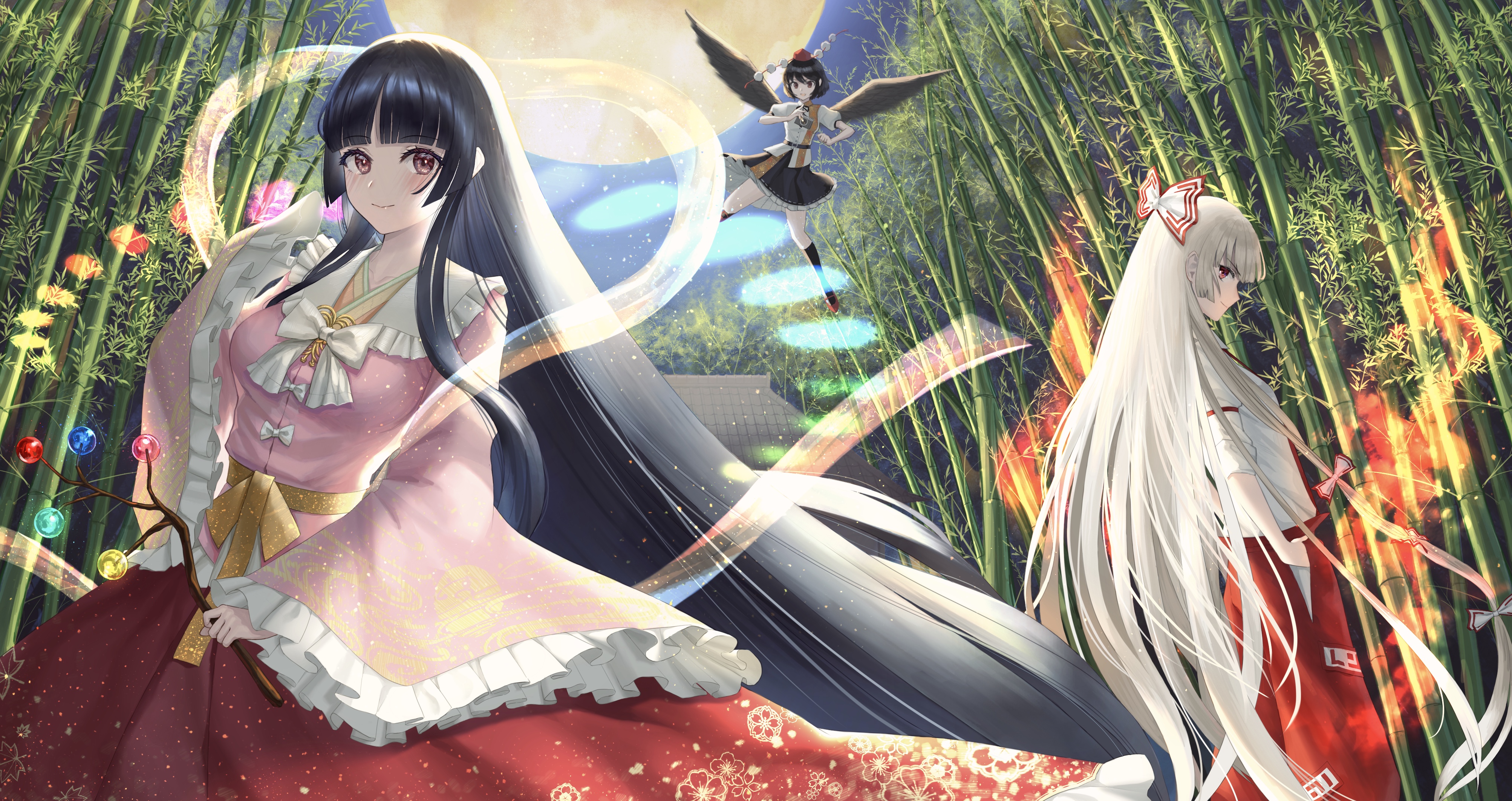 Laden Sie das Animes, Tuhu, Aya Shameimaru, Fujiwara No Mokou, Kaguya Houraisan-Bild kostenlos auf Ihren PC-Desktop herunter