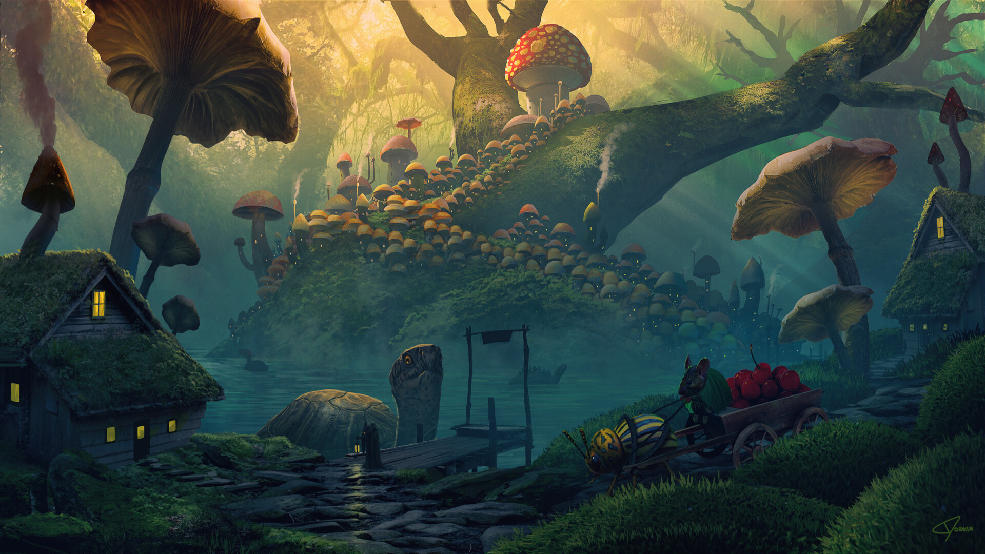 Free download wallpaper Landscape, Fantasy, House, Mushroom, Mouse, Turtle on your PC desktop