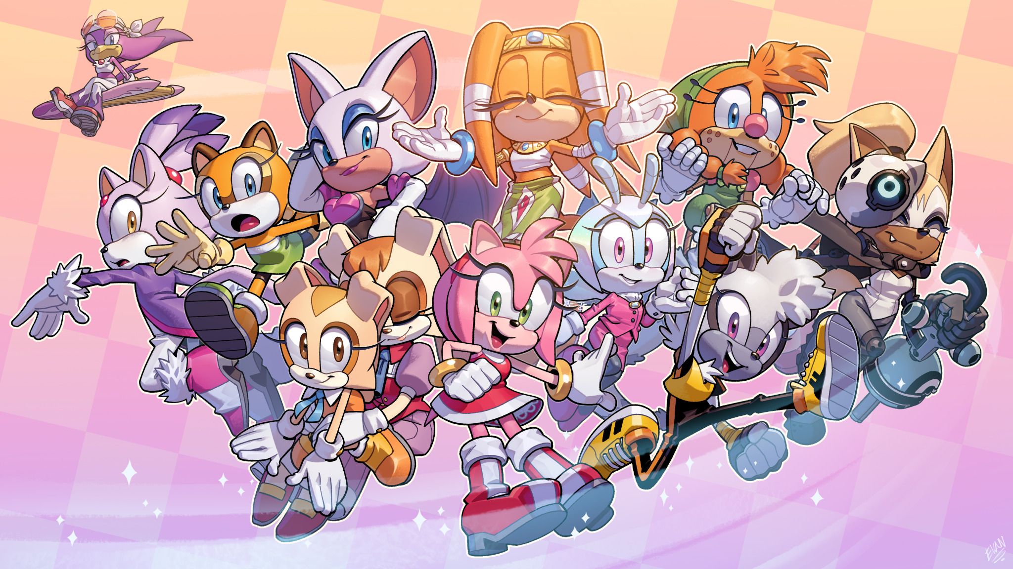 sonic the hedgehog (idw), comics, amy rose, belle the tinkerer, blaze the cat, cream the rabbit, jewel the beetle, marine the raccoon, rouge the bat, tangle the lemur, tikal (sonic the hedgehog), vanilla the rabbit, wave the swallow, whisper the wolf, sonic