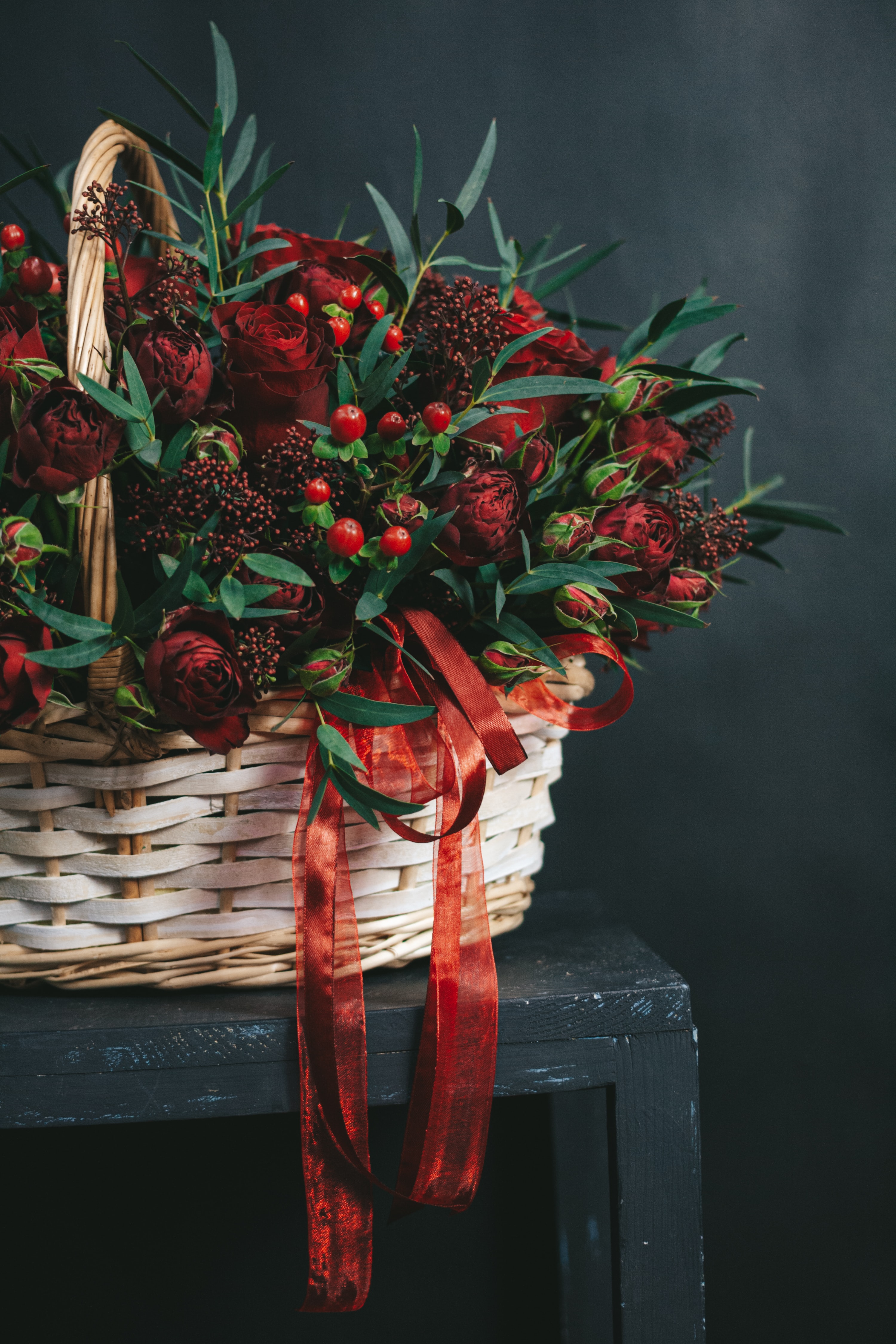 basket, flowers, berries, branches, bouquet HD wallpaper