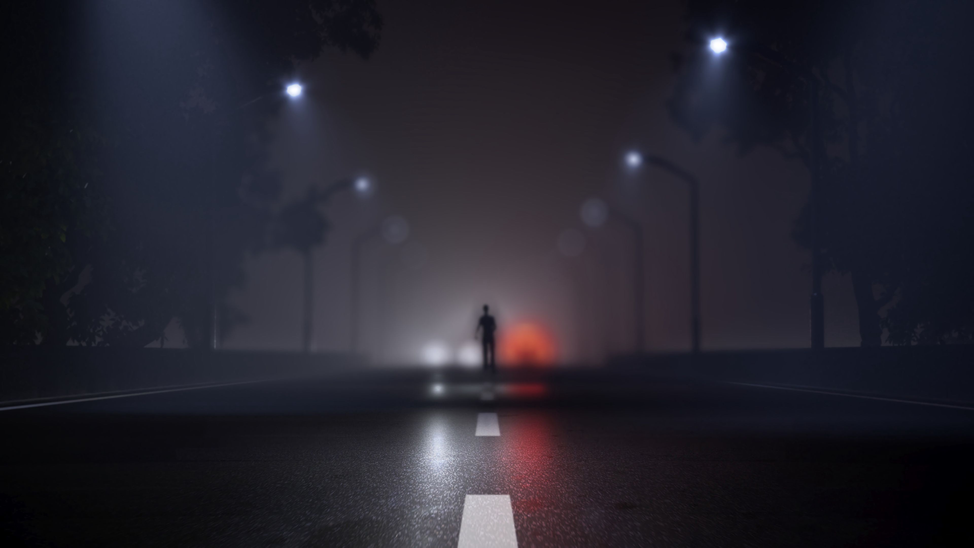 silhouette, dark, art, blur, road, markup, fog, smooth Panoramic Wallpaper
