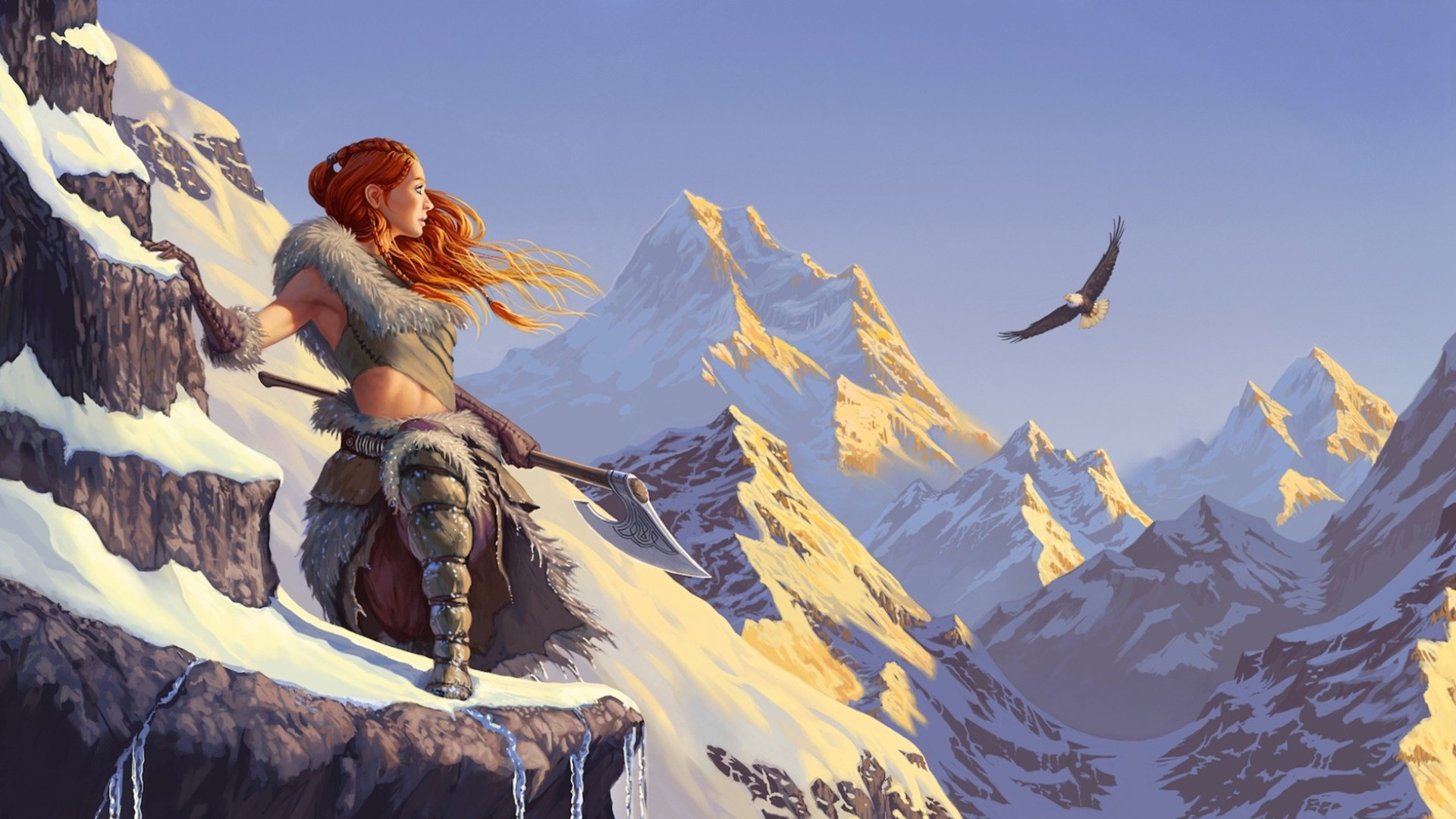women warrior, fantasy, axe, eagle, flight, mountain