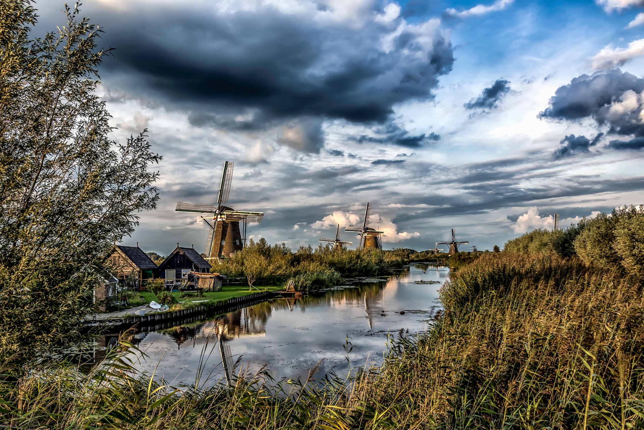 PCデスクトップに川, 建物, 風車, オランダ, マンメイド, クラウド画像を無料でダウンロード