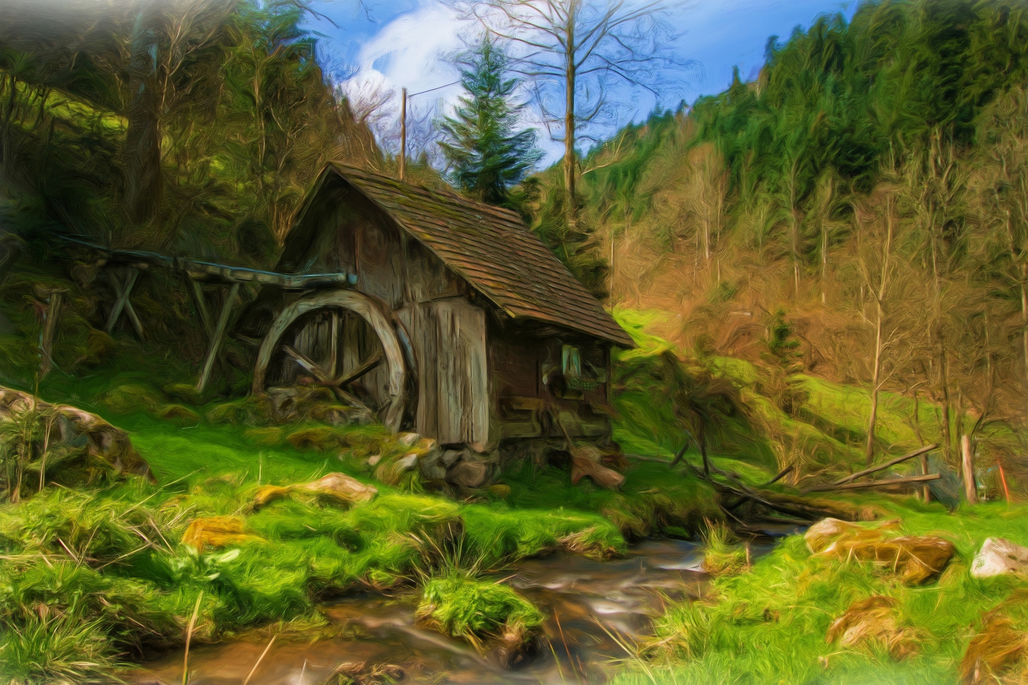 Laden Sie das Landschaft, Wald, Malerei, Strom, Ölgemälde, Menschengemacht, Wassermühle-Bild kostenlos auf Ihren PC-Desktop herunter