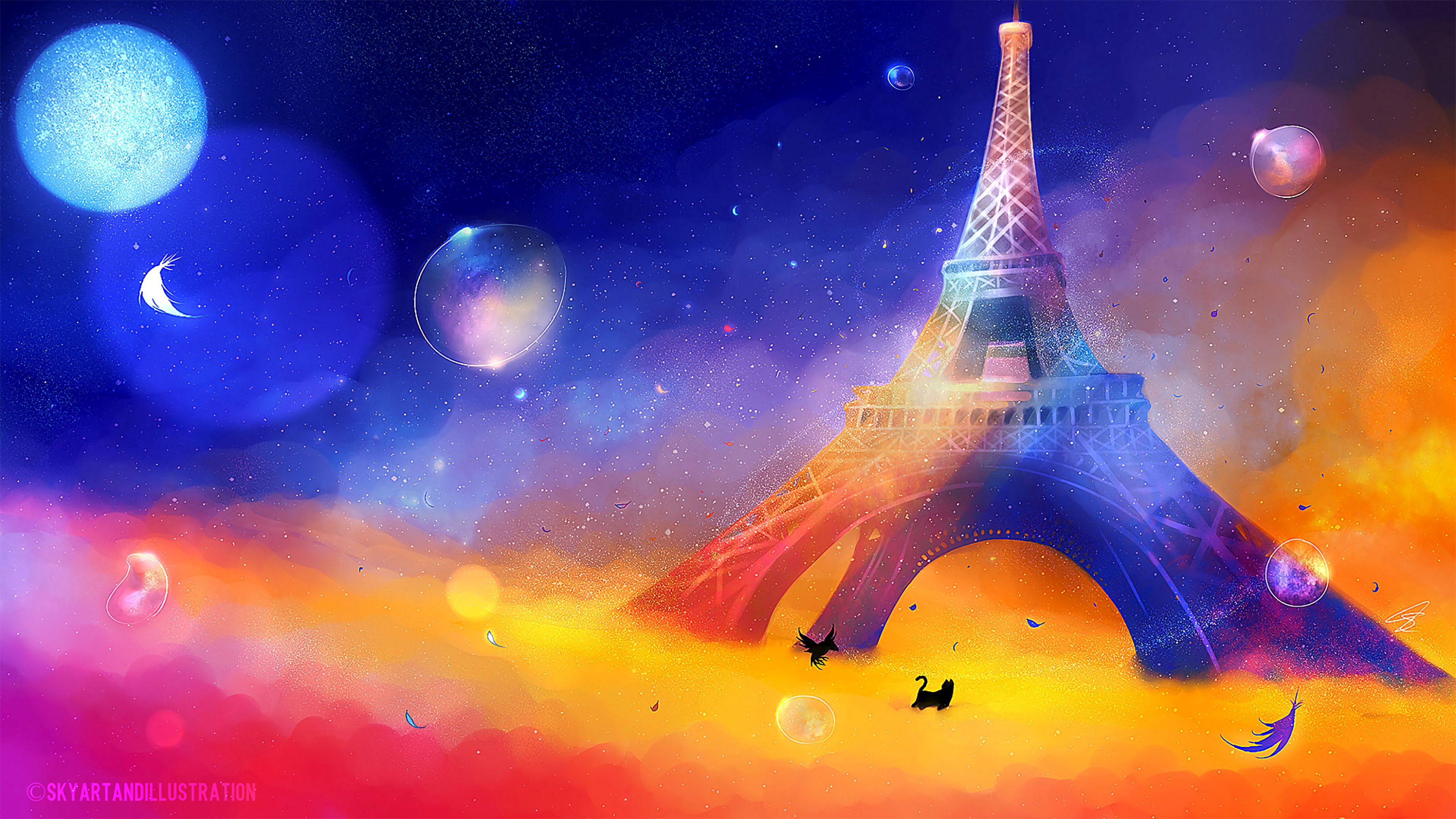 Download mobile wallpaper Cat, Bird, Motley, Multicolored, Eiffel Tower, Art for free.