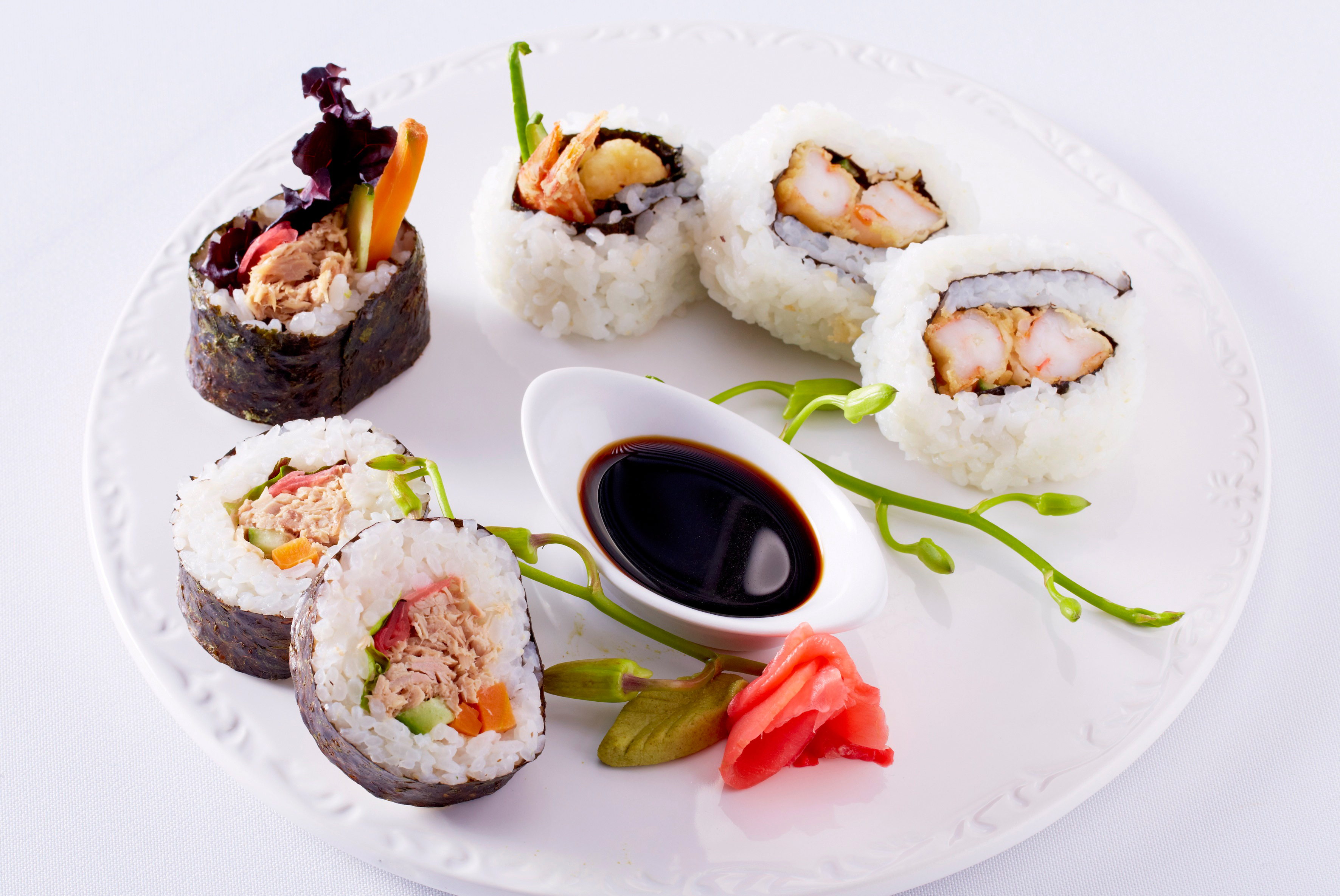 Download mobile wallpaper Food, Sushi, Plate, Seafood, Rice for free.