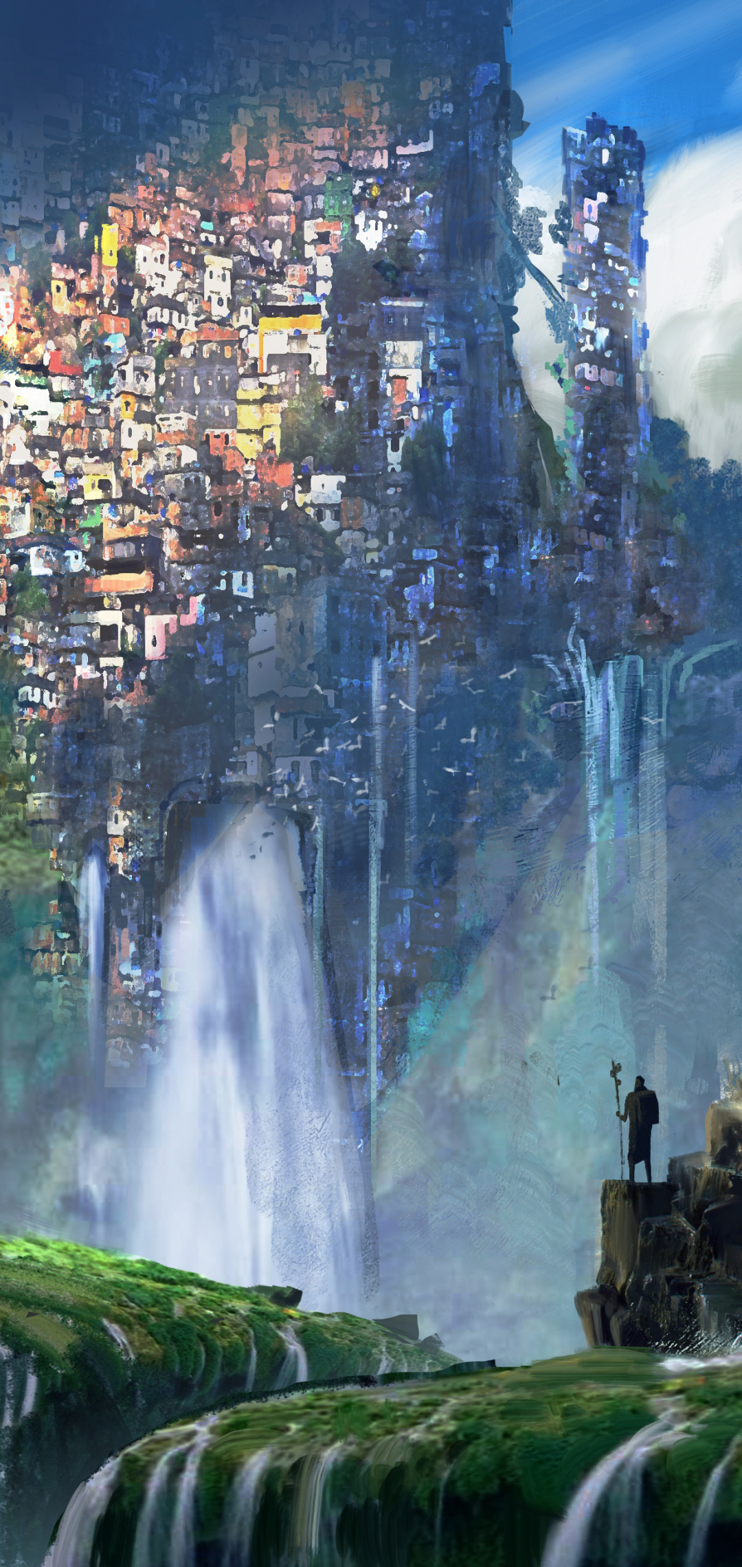 Download mobile wallpaper Fantasy, City, Waterfall for free.