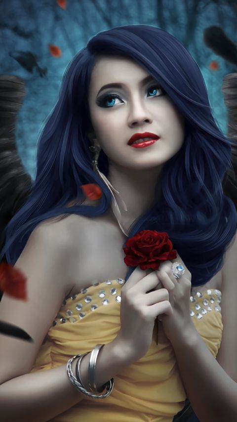 Download mobile wallpaper Fantasy, Rose, Wings, Angel, Blue Eyes, Blue Hair, Lipstick for free.