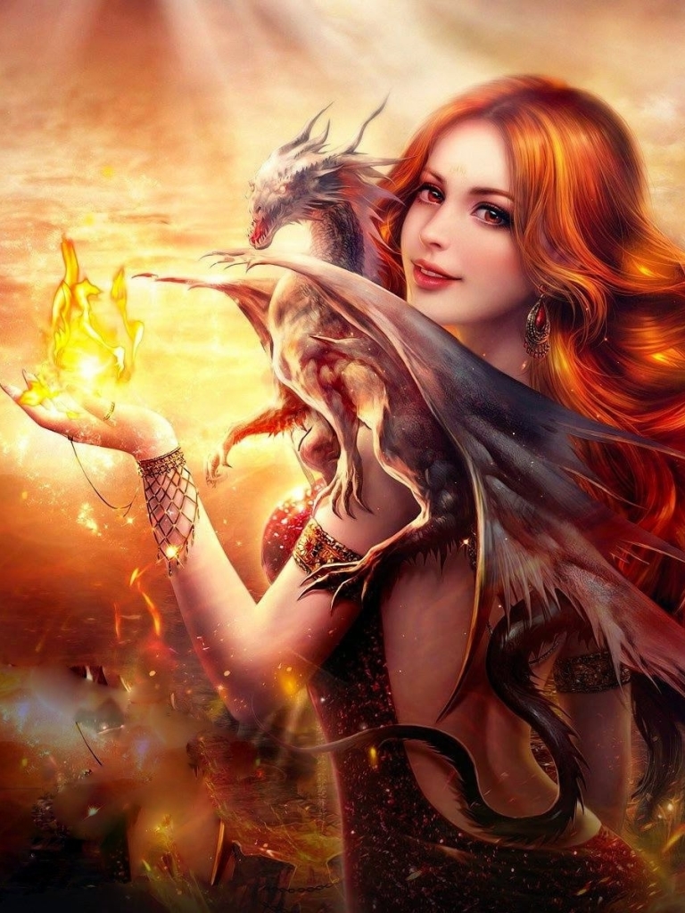 無料モバイル壁紙ファンタジー, 赤毛, ドラゴン, 魔法, 女性, 火をダウンロードします。