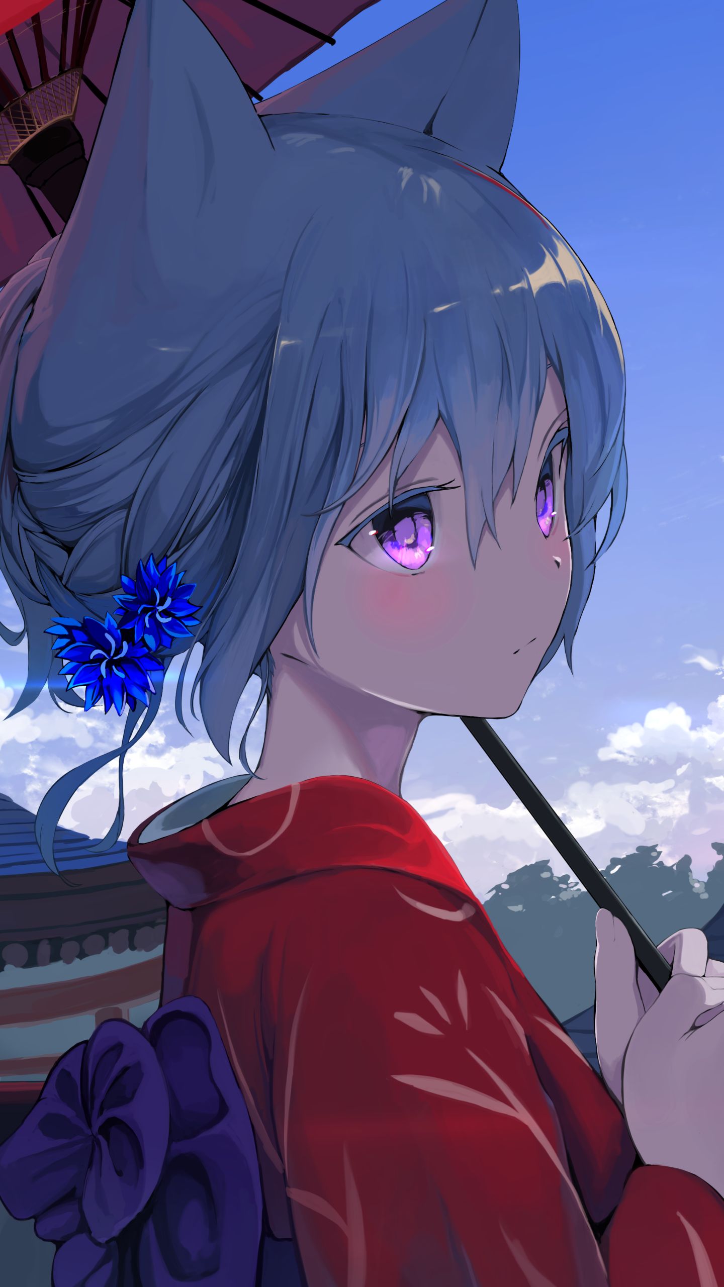 Download mobile wallpaper Anime, Flower, Kimono, Original, Short Hair, Animal Ears for free.