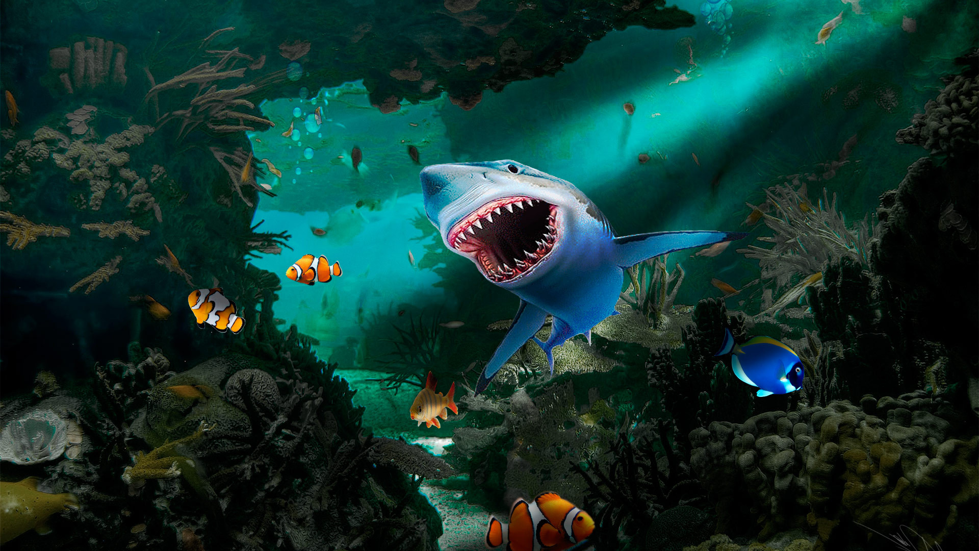 829106 descargar imagen tiburón, artístico, submarino, pez payaso, ensenada, pez, gran tiburón blanco, mar: fondos de pantalla y protectores de pantalla gratis