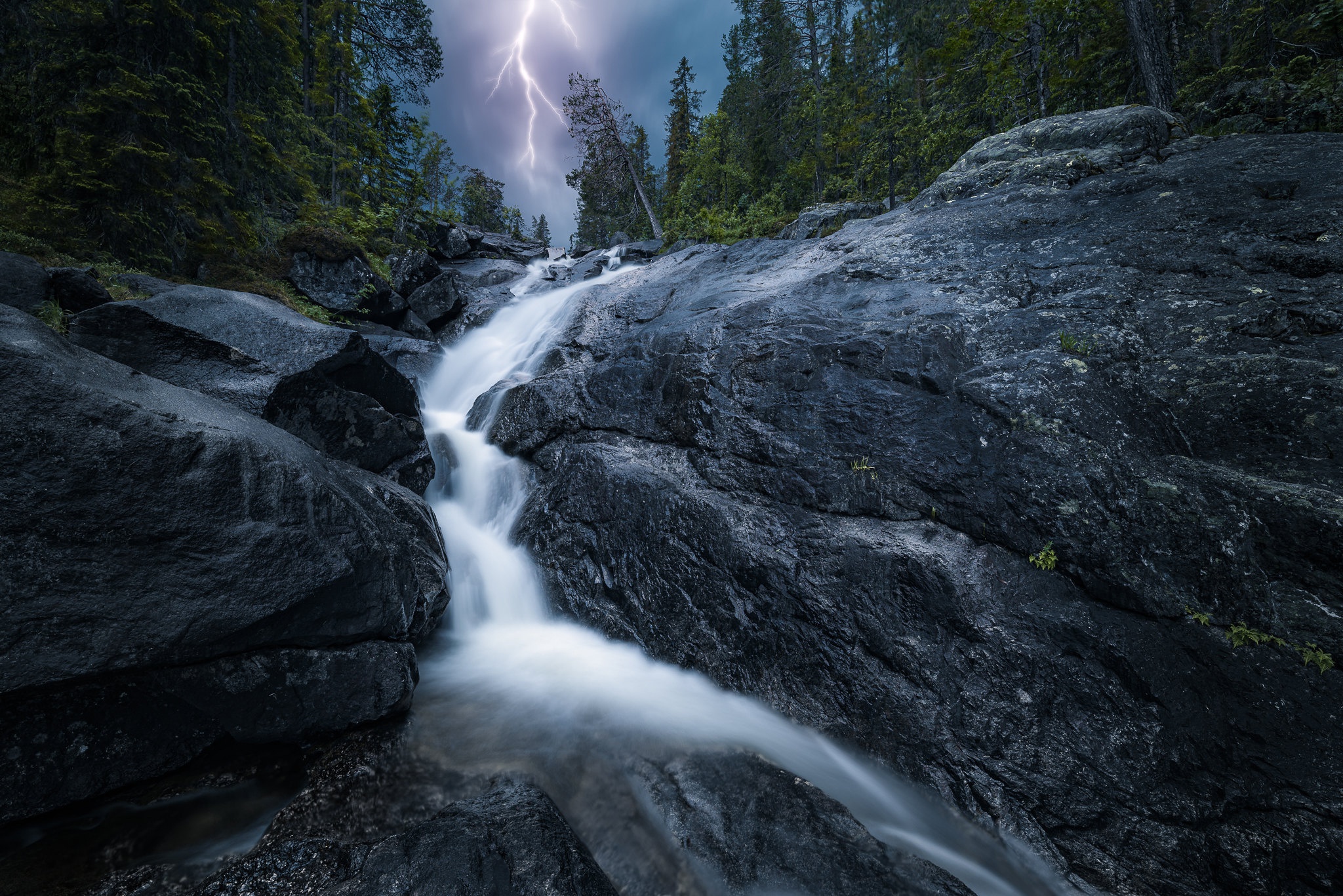 Download mobile wallpaper Lightning, Waterfalls, Waterfall, Earth for free.