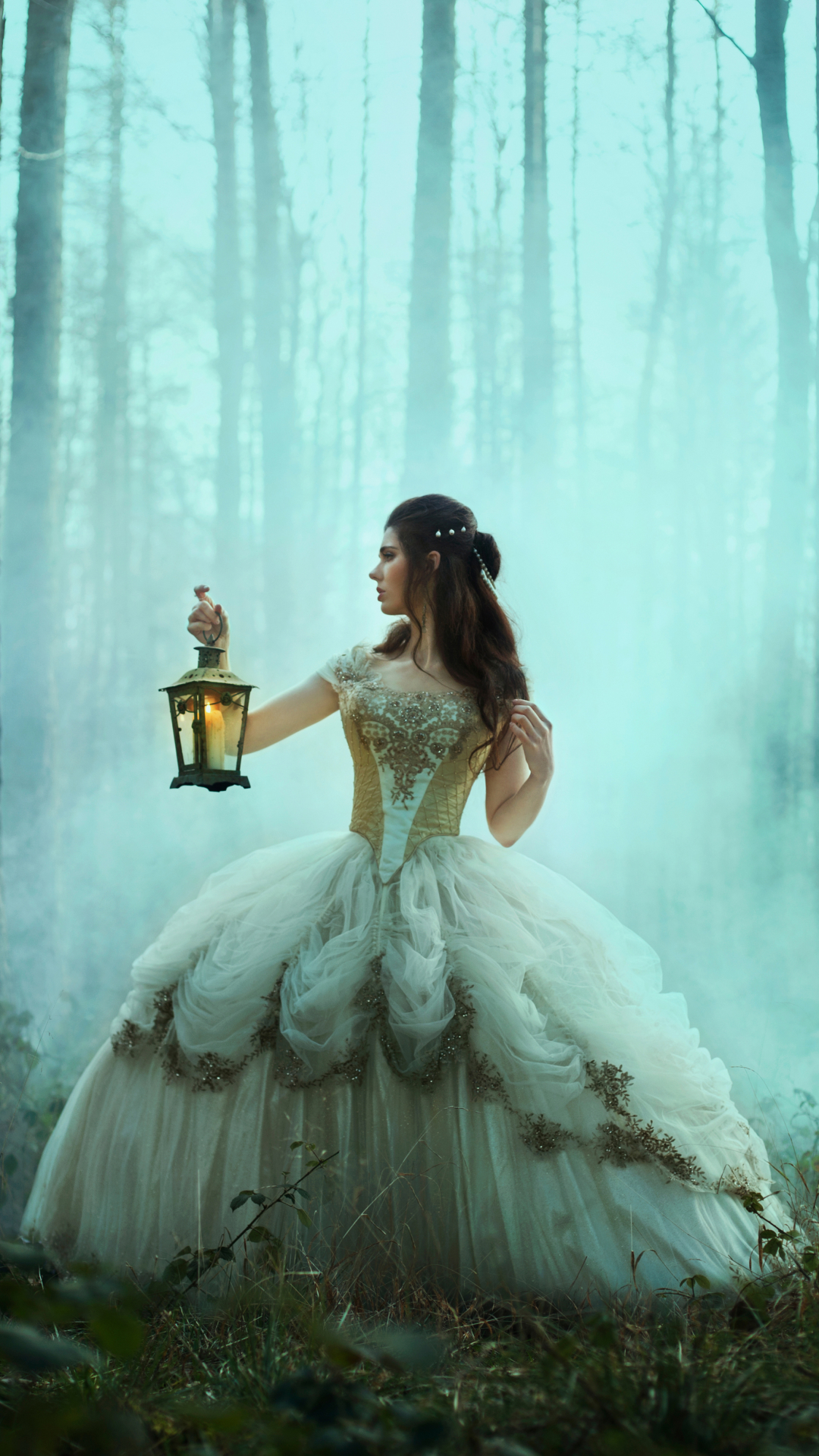 Download mobile wallpaper Smoke, Forest, Lantern, Women, Cosplay, White Dress for free.