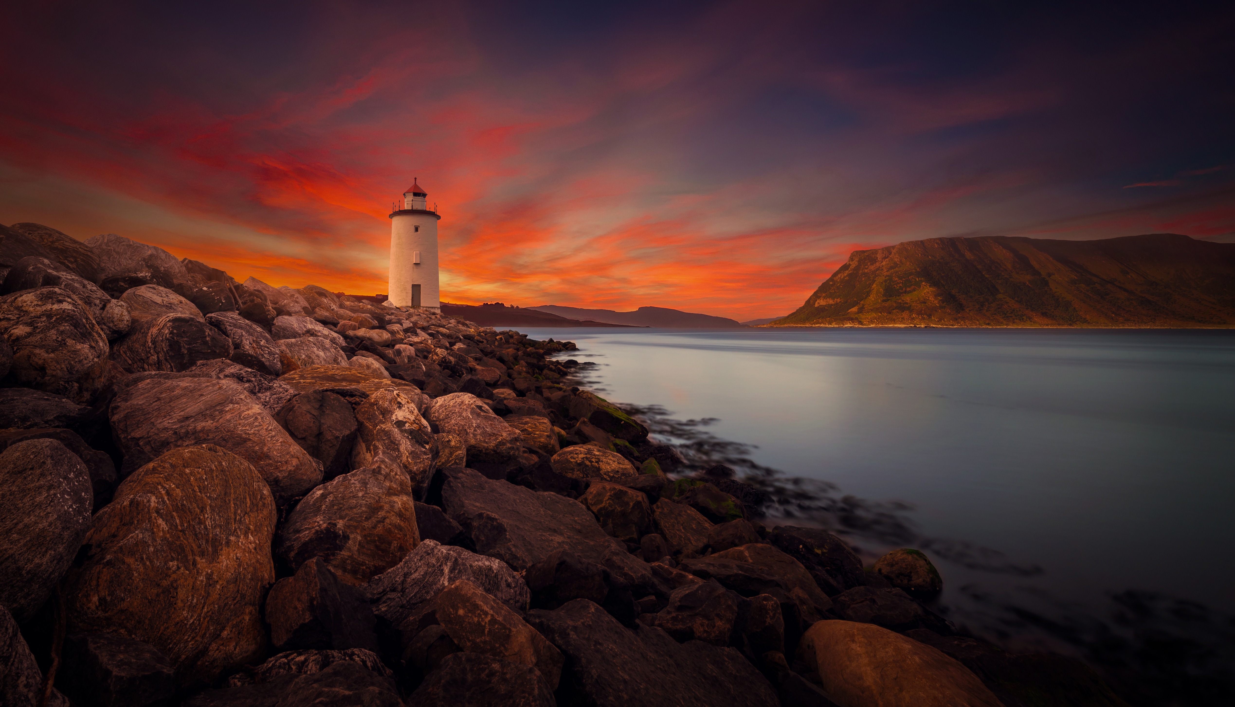 Free download wallpaper Sunset, Sky, Lighthouse, Coastline, Man Made on your PC desktop