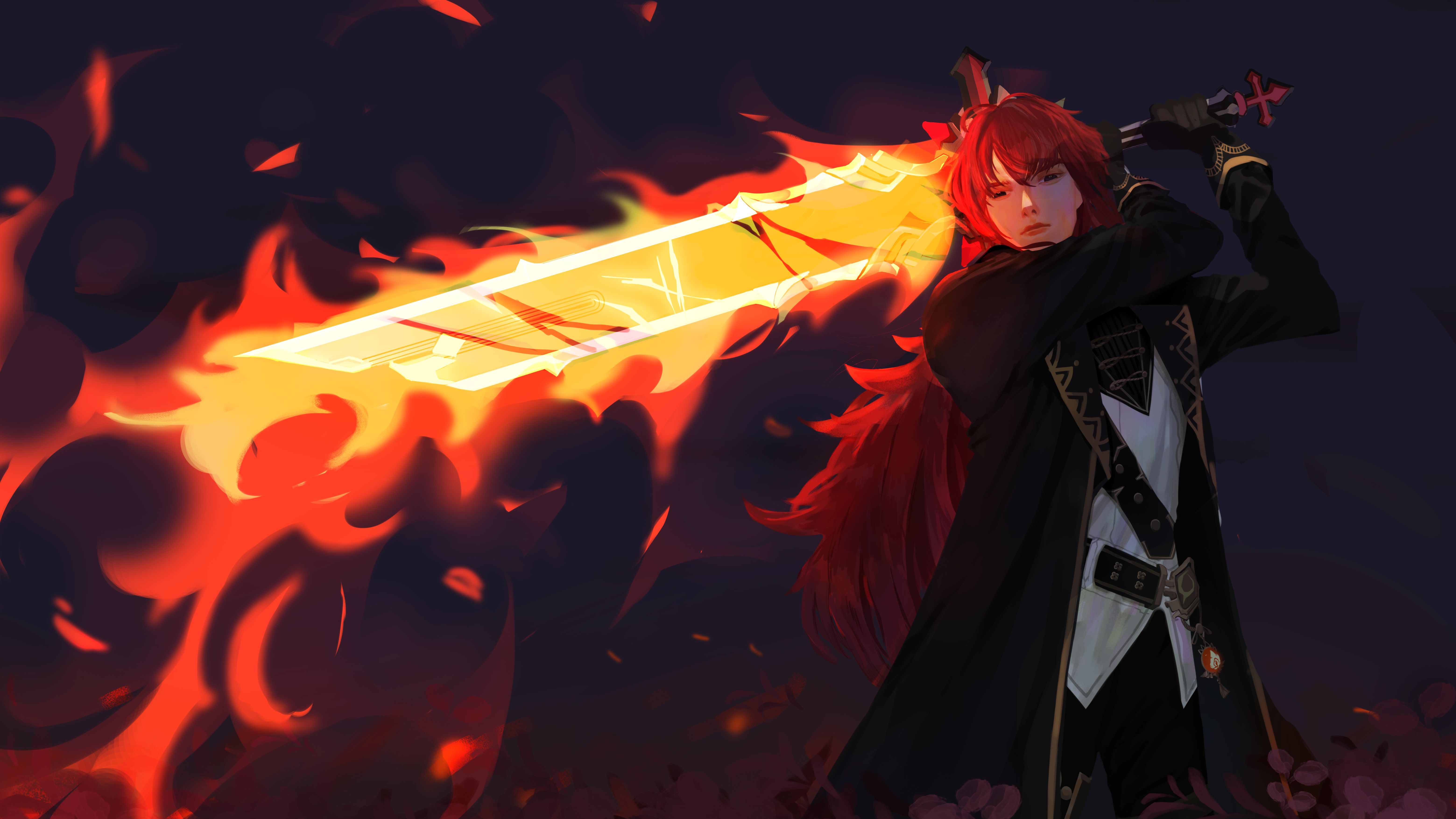 Download mobile wallpaper Flame, Sword, Video Game, Red Hair, Genshin Impact, Diluc (Genshin Impact) for free.