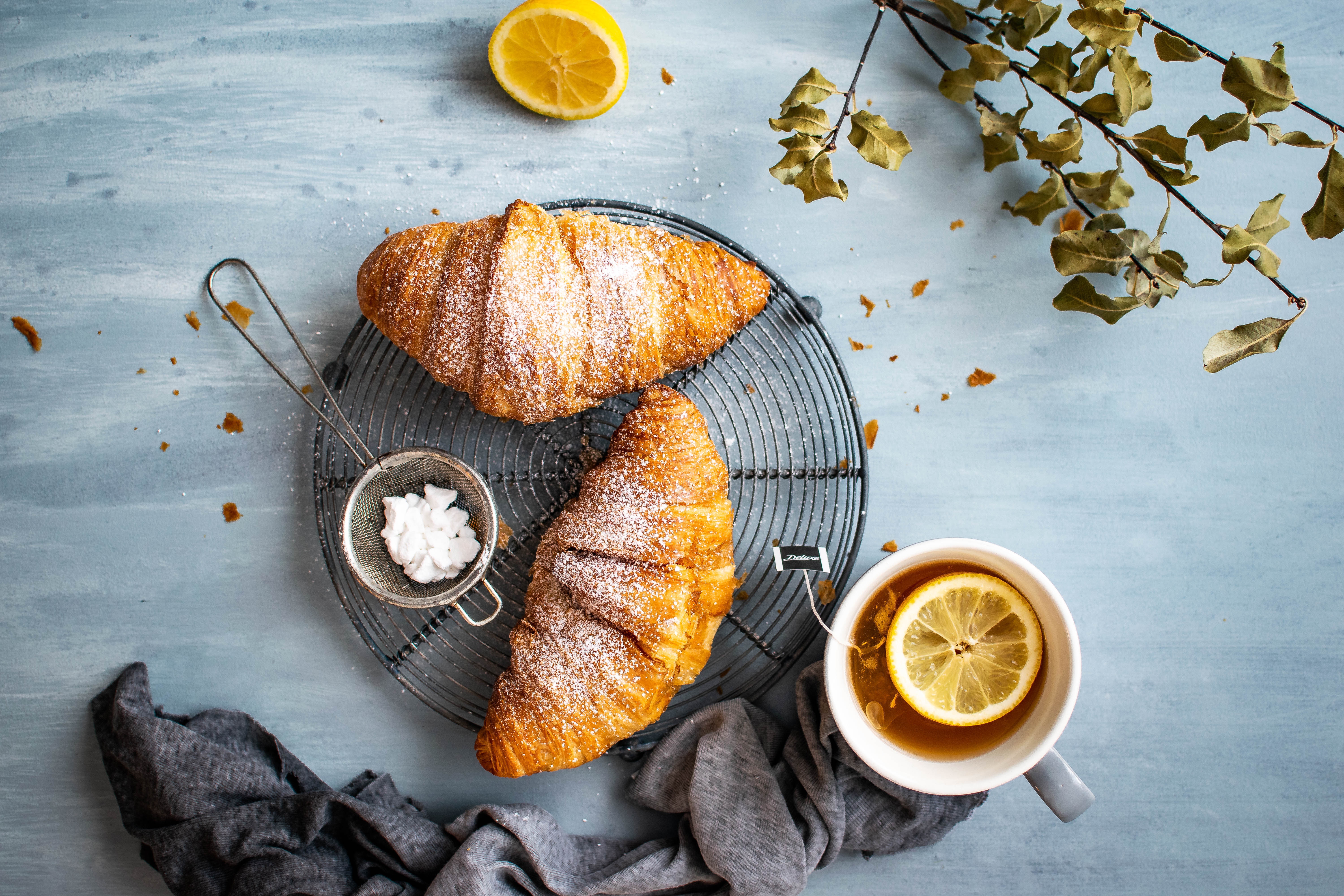 Download mobile wallpaper Food, Still Life, Cup, Tea, Breakfast, Croissant for free.