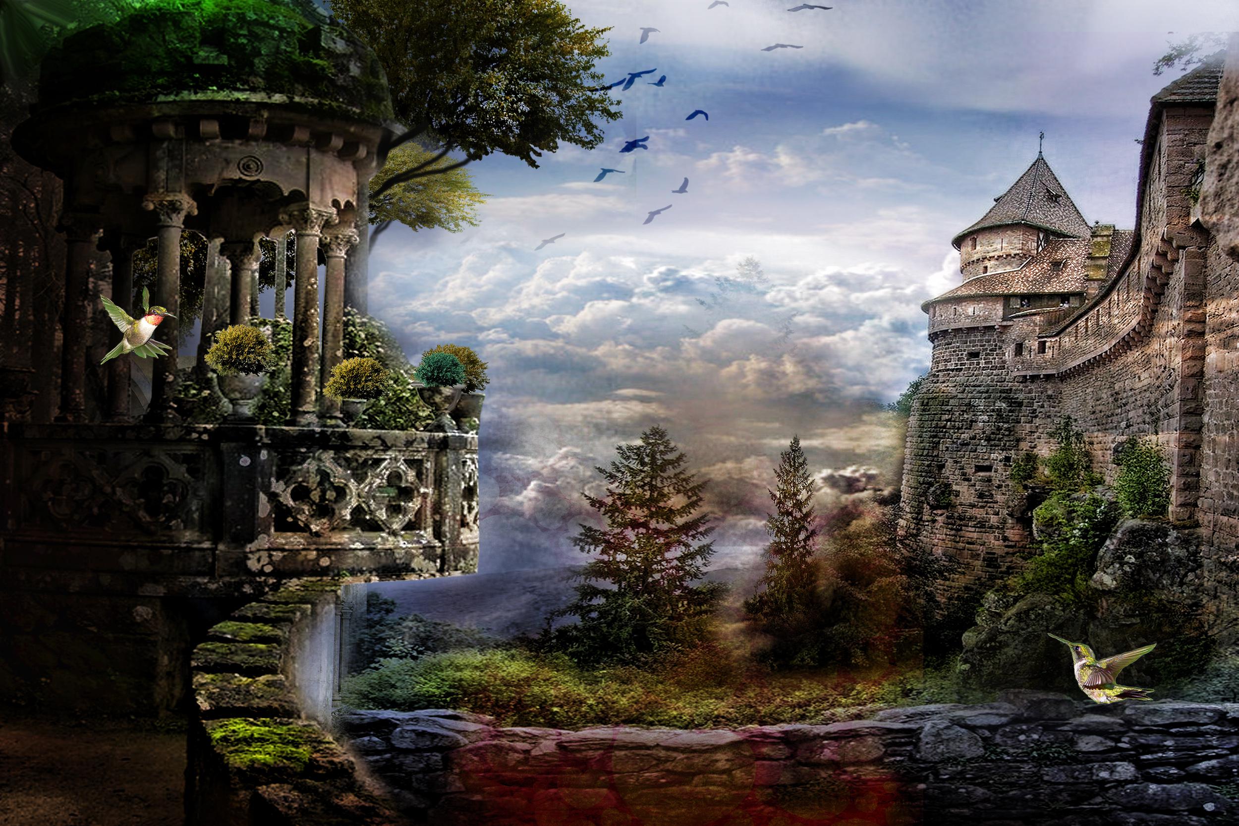 Download mobile wallpaper Fantasy, Castles, Bird, Tree, Castle for free.