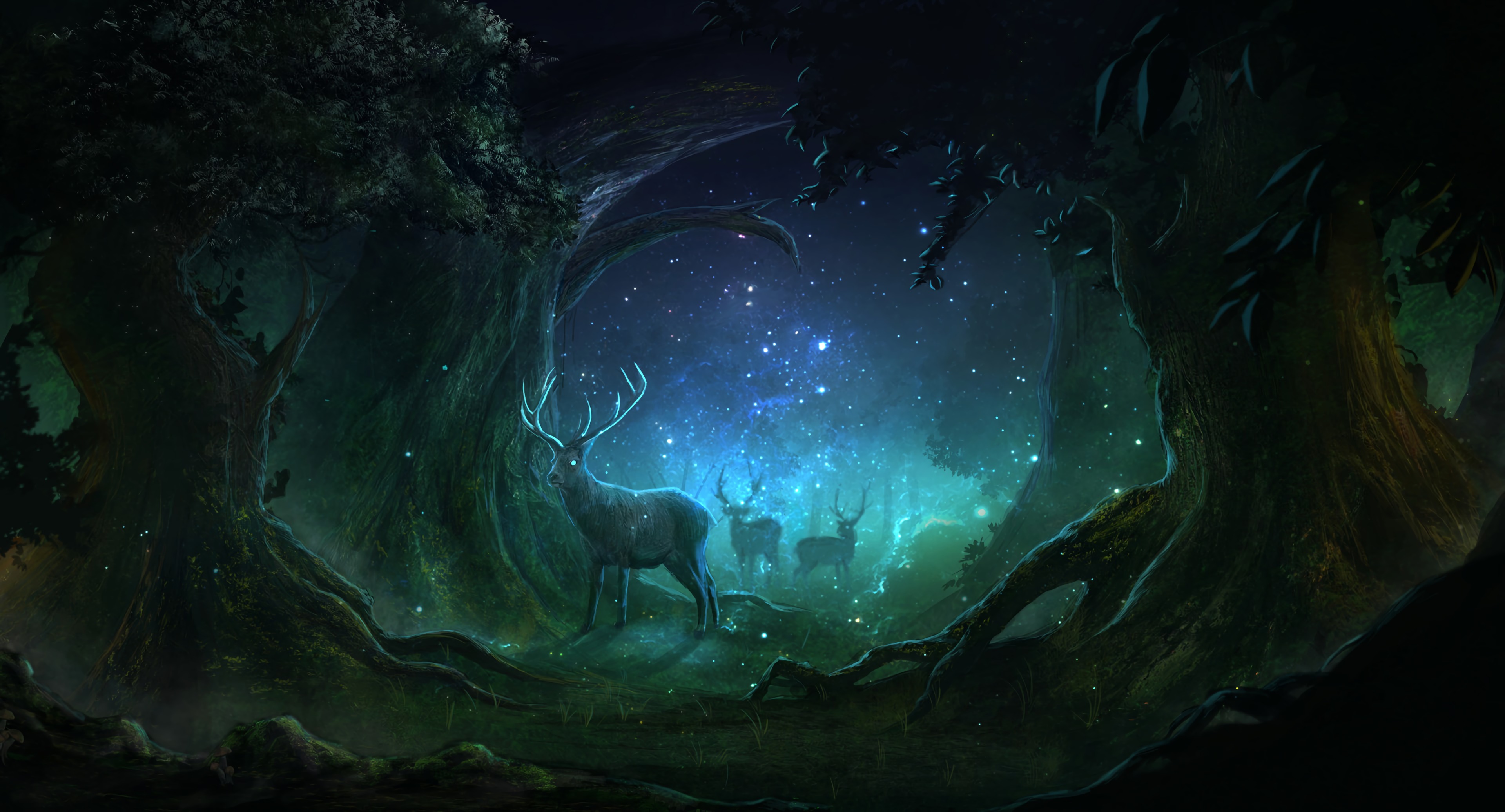 magic, art, night, deers, lights, forest 4K, Ultra HD