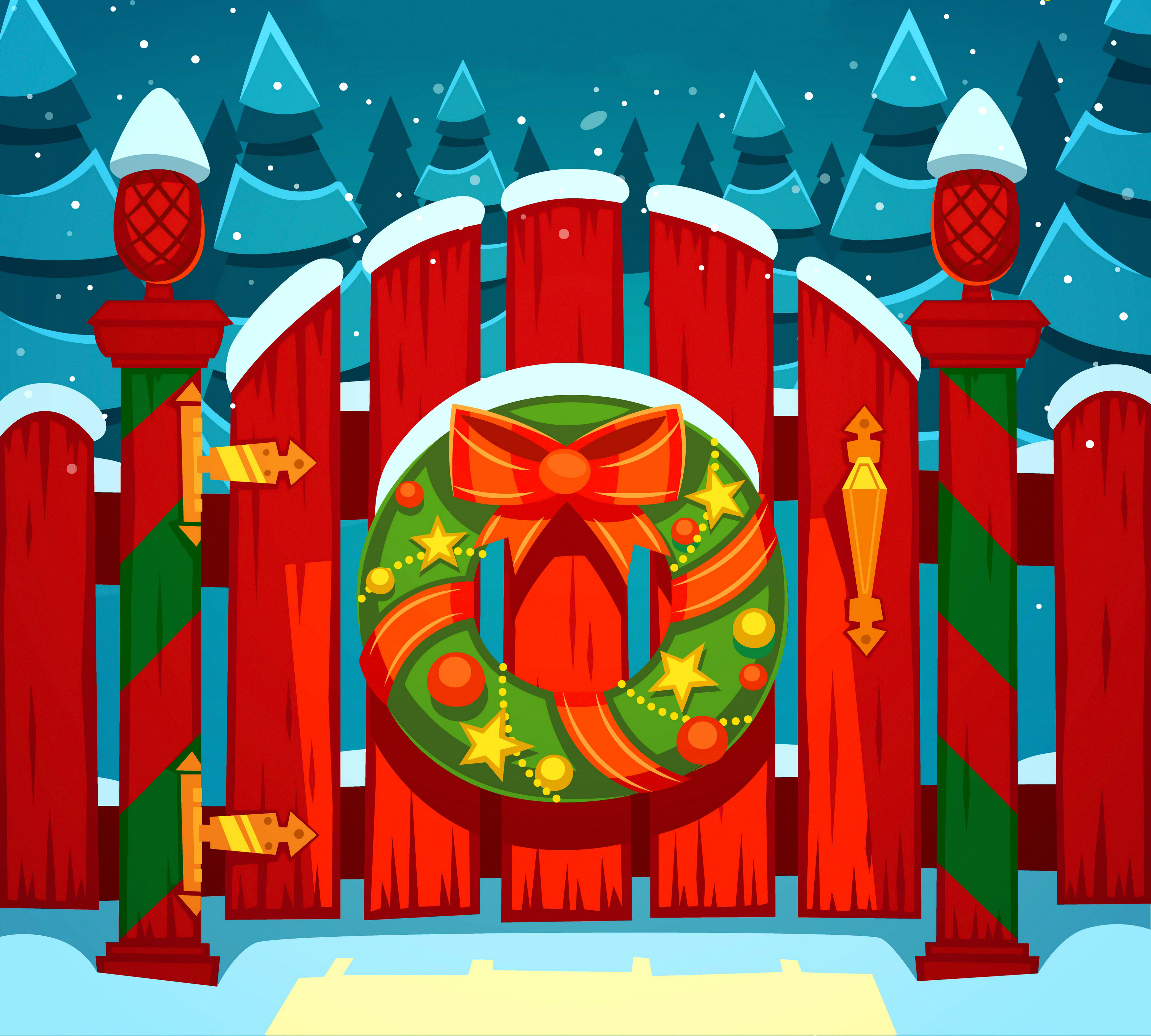 Download mobile wallpaper Snow, Tree, Christmas, Holiday, Wreath, Gate for free.