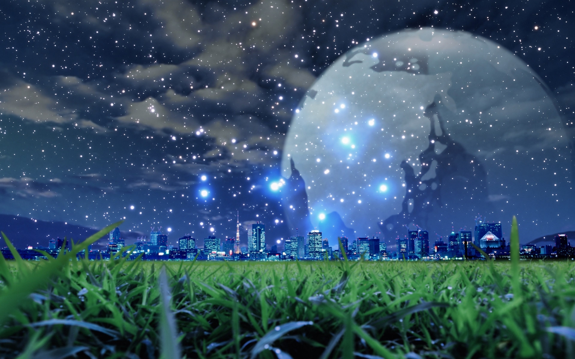 Free download wallpaper Landscape, Cities, Grass, Sky, Night, Stars, Moon, Fantasy on your PC desktop