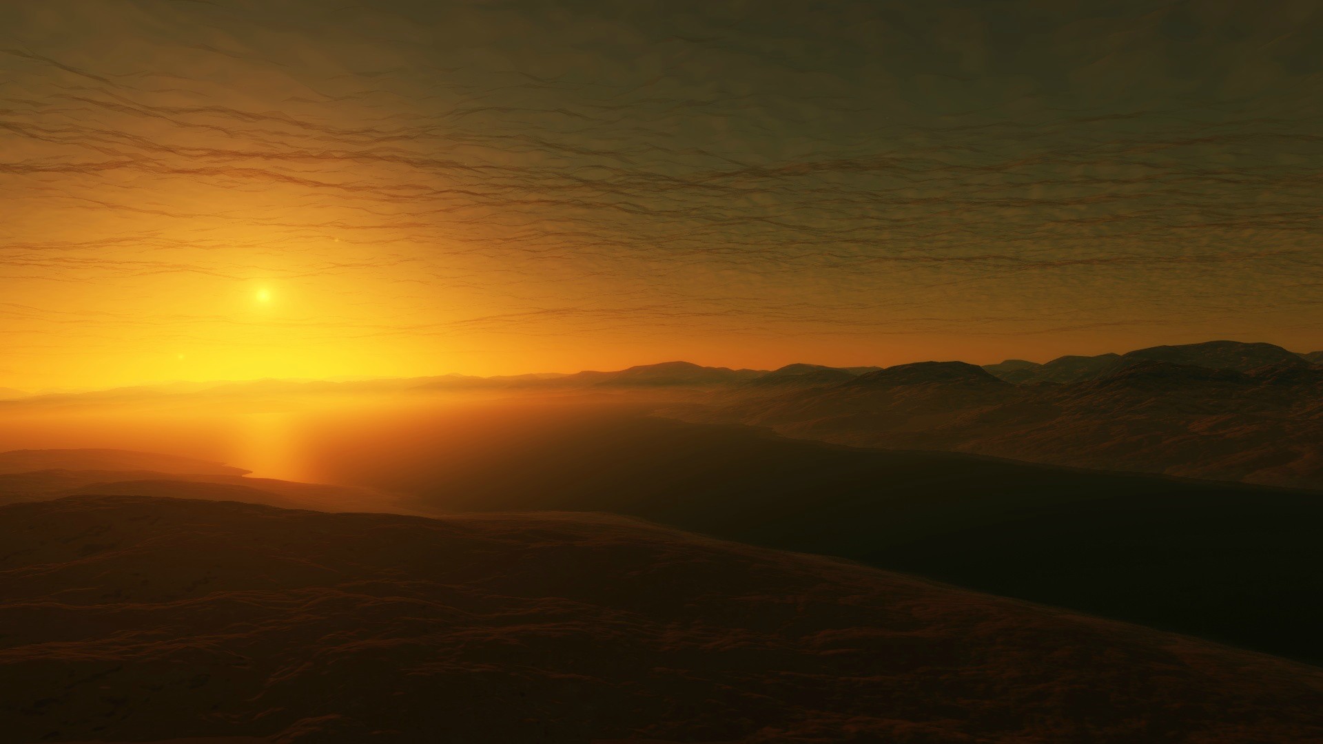 Free download wallpaper Sunrise, Planet, Cloud, River, Star, Video Game, Space Engine on your PC desktop