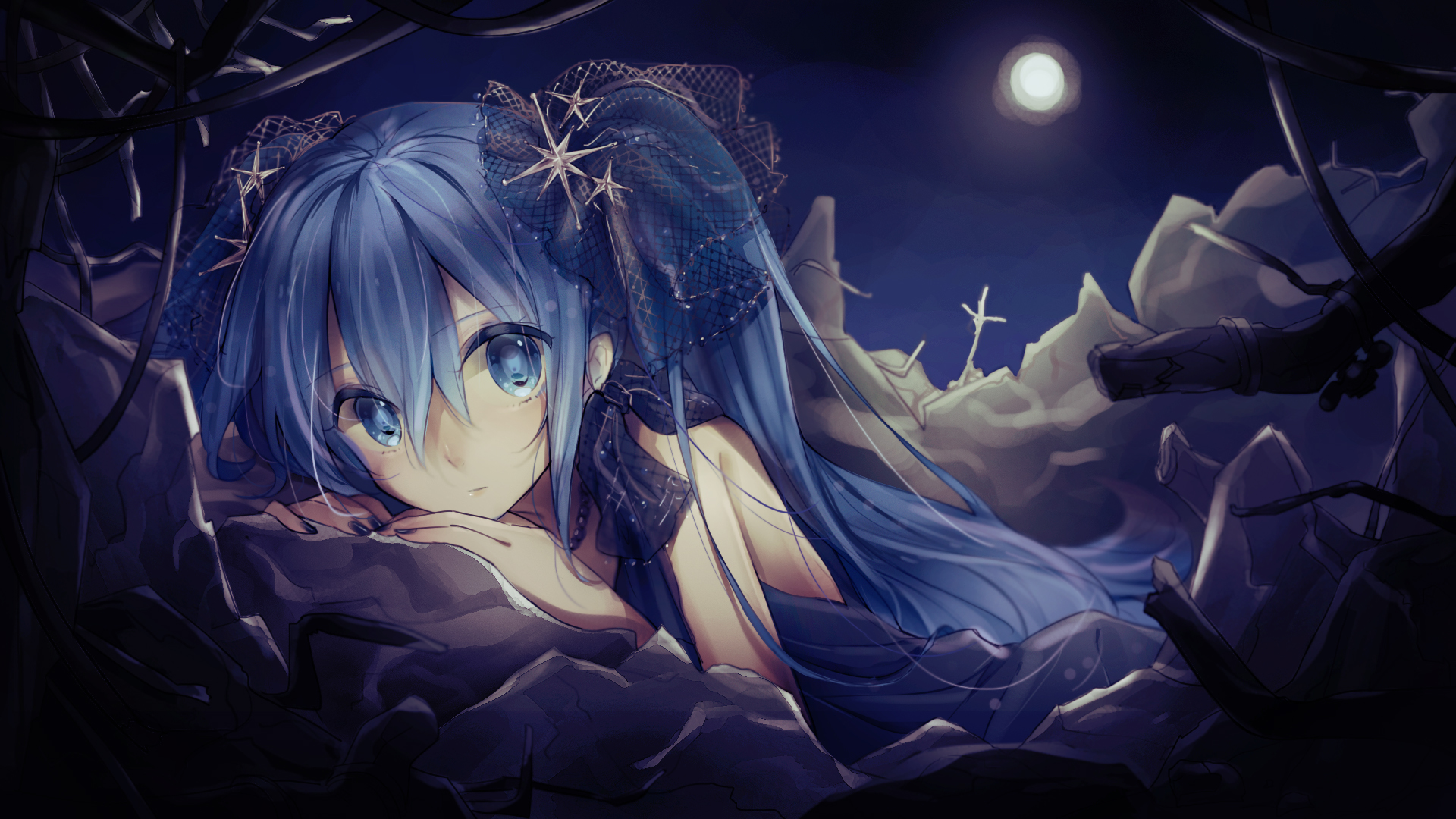 Download mobile wallpaper Anime, Moon, Vocaloid, Blue Eyes, Blue Hair, Hatsune Miku, Long Hair, Twintails for free.