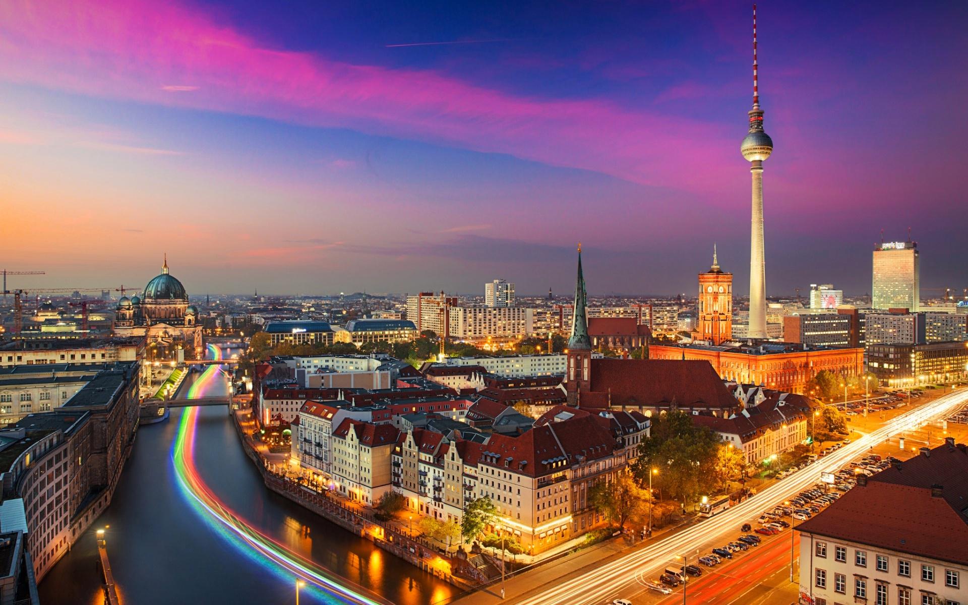 Laden Sie das Städte, Berlin, Stadtbild, Deutschland, Sonnenuntergang, Menschengemacht, Großstadt-Bild kostenlos auf Ihren PC-Desktop herunter