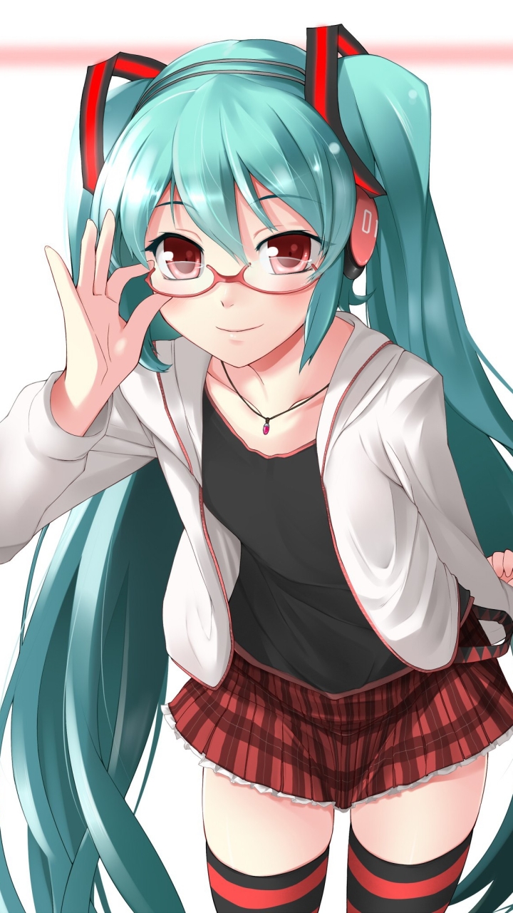 Download mobile wallpaper Anime, Headphones, Vocaloid, Glasses, Blue Hair, Red Eyes, Hatsune Miku, Long Hair, Twintails for free.