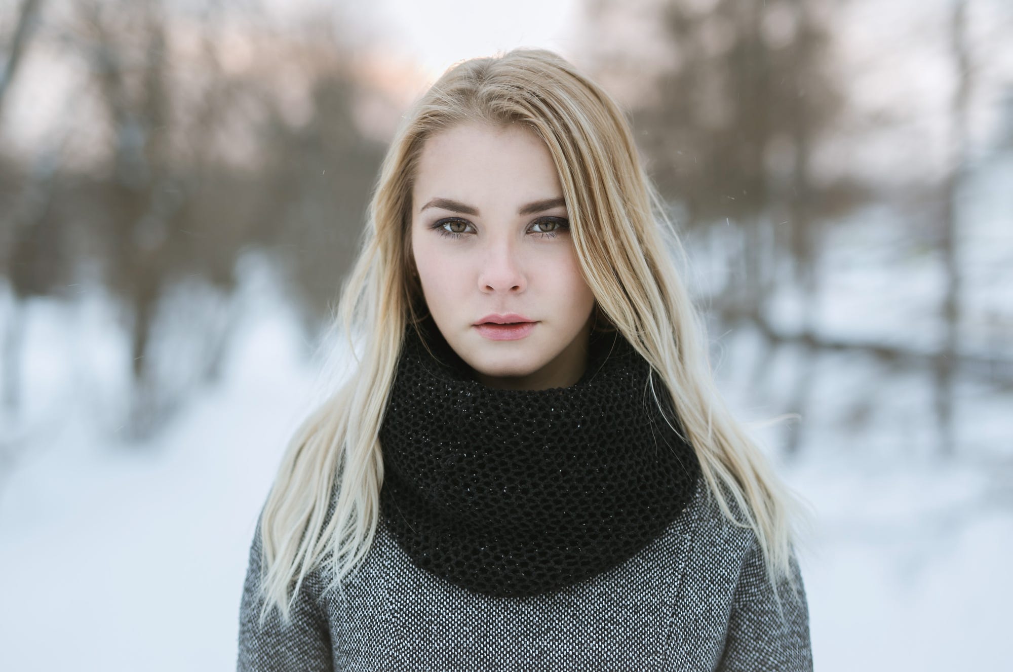 Download mobile wallpaper Winter, Blonde, Model, Women, Scarf, Depth Of Field for free.