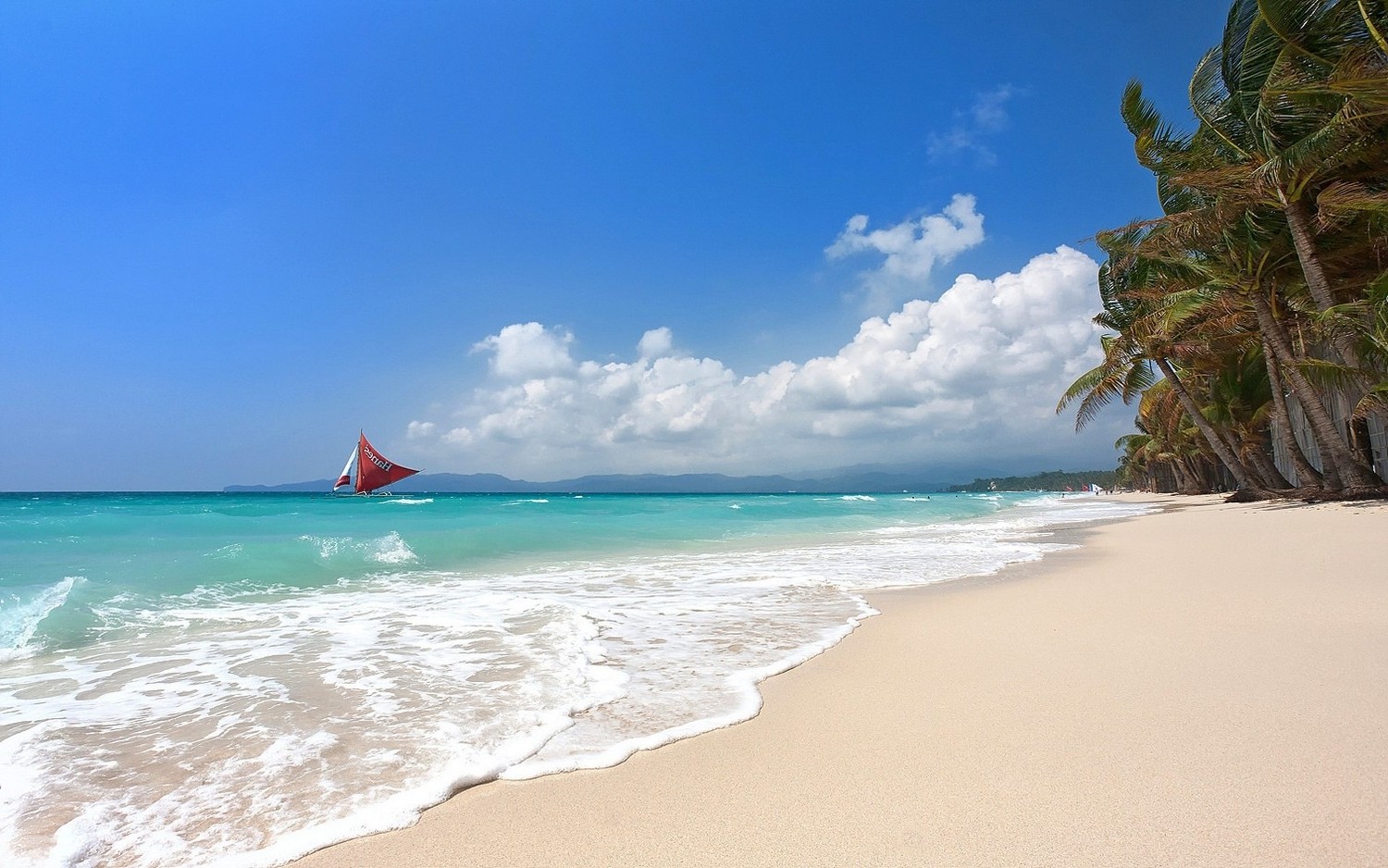 Скачать картинку Пляж, Пальмы, Океан, Синий, Тропический, Фотографии, Бирюзовый, Парусная Лодка в телефон бесплатно.
