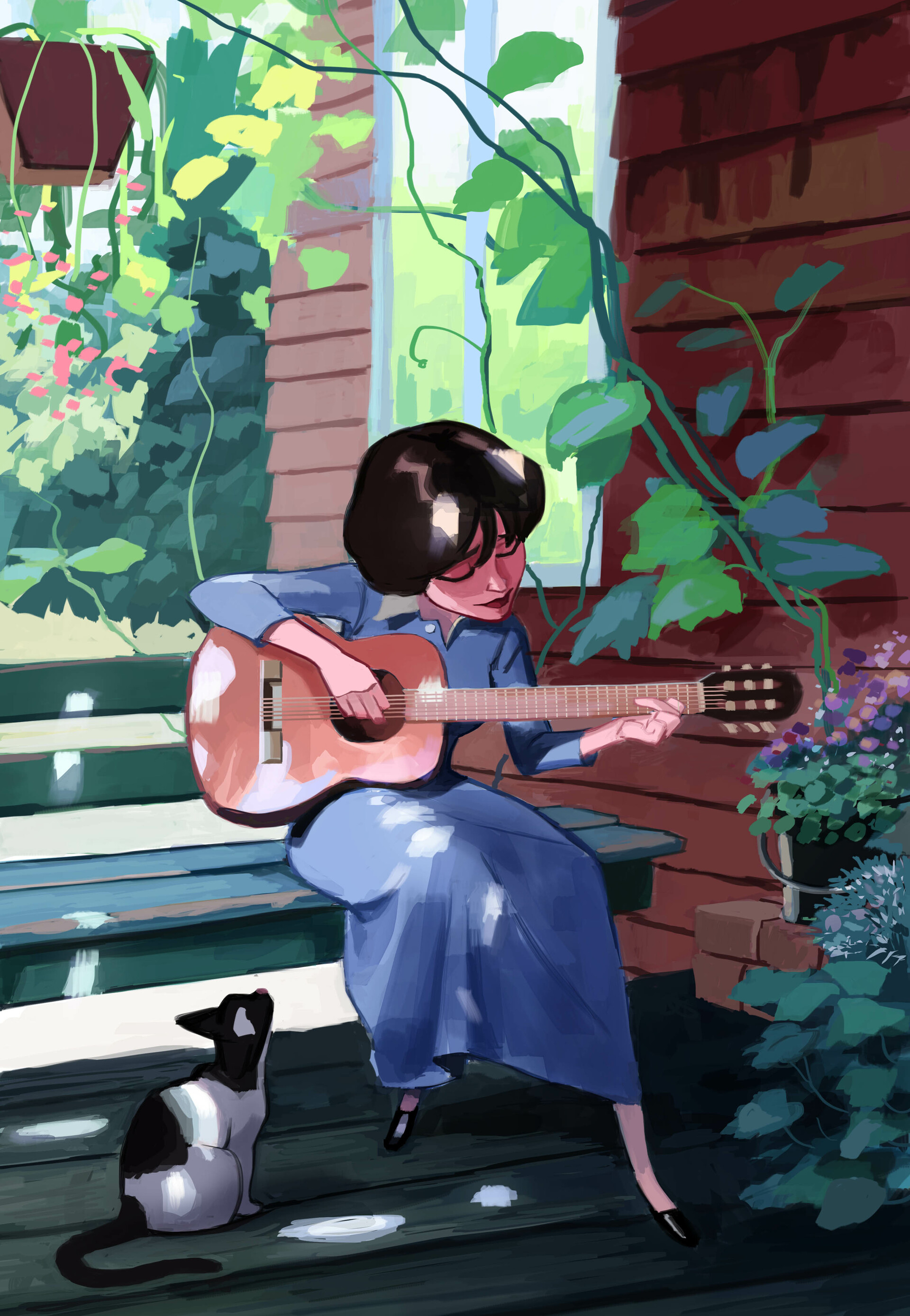 Full HD Wallpaper guitar, music, art, cat, girl