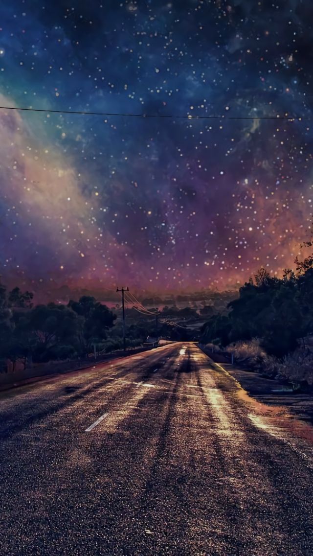 Download mobile wallpaper Sky, Night, Road, Starry Sky, Man Made for free.