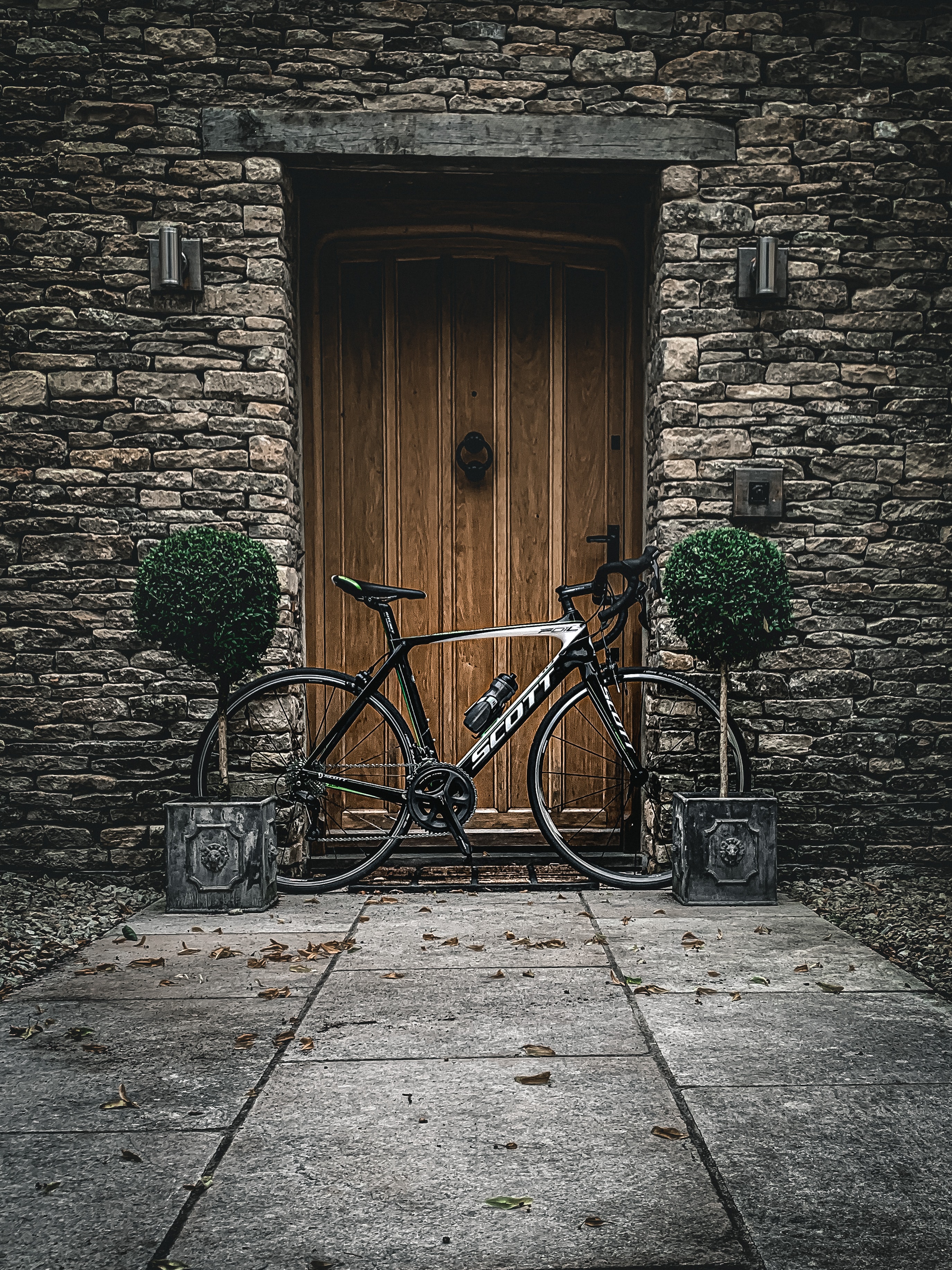 bicycle, plants, miscellaneous, wall, miscellanea, stone, door Full HD