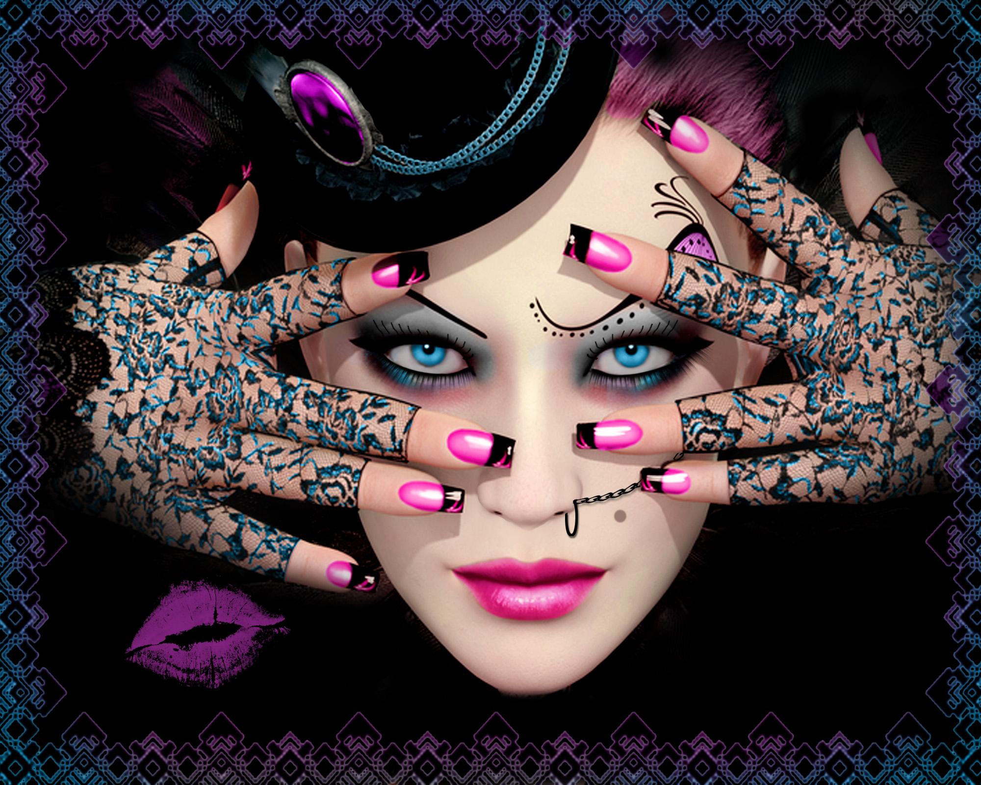 Free download wallpaper Gothic, Pink, Purple, Artistic, Face, Hat, Glove, Women, Blue Eyes, Lipstick on your PC desktop