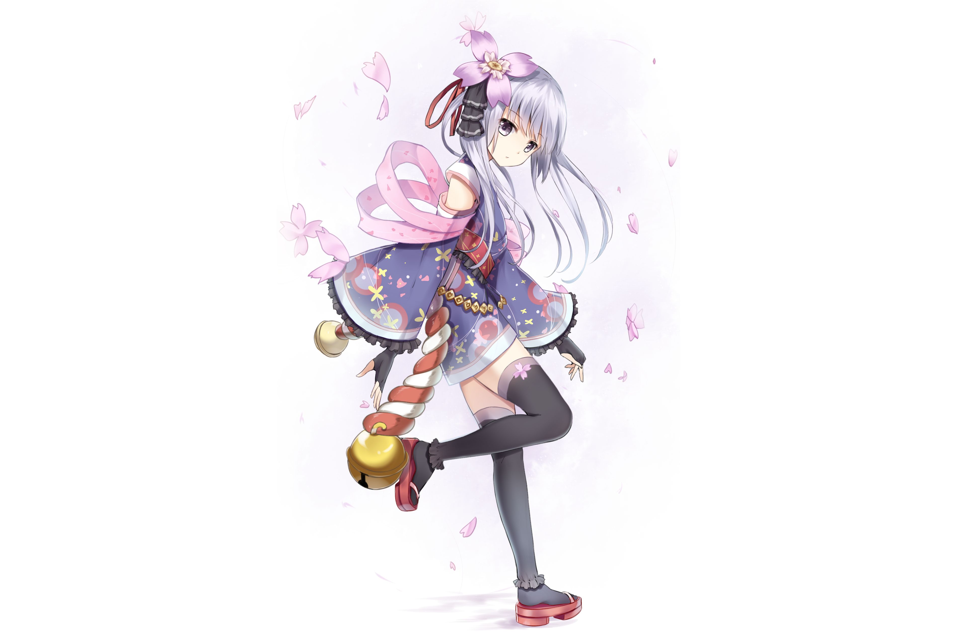 Laden Sie das Blume, Glocke, Original, Schleife, Animes, Lange Haare, Oberschenkel Höhen, Weißes Haar, Yukata-Bild kostenlos auf Ihren PC-Desktop herunter