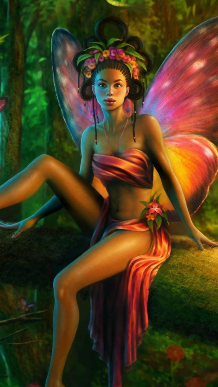 Download mobile wallpaper Fantasy, Butterfly, Fairy, Parrot for free.
