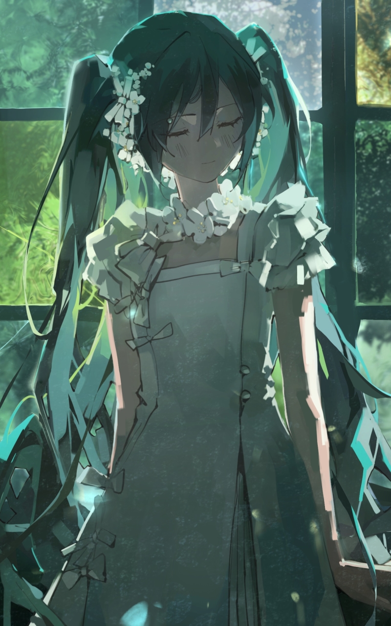 Download mobile wallpaper Anime, Mood, Vocaloid, Green Hair, Hatsune Miku, Twintails, White Dress for free.