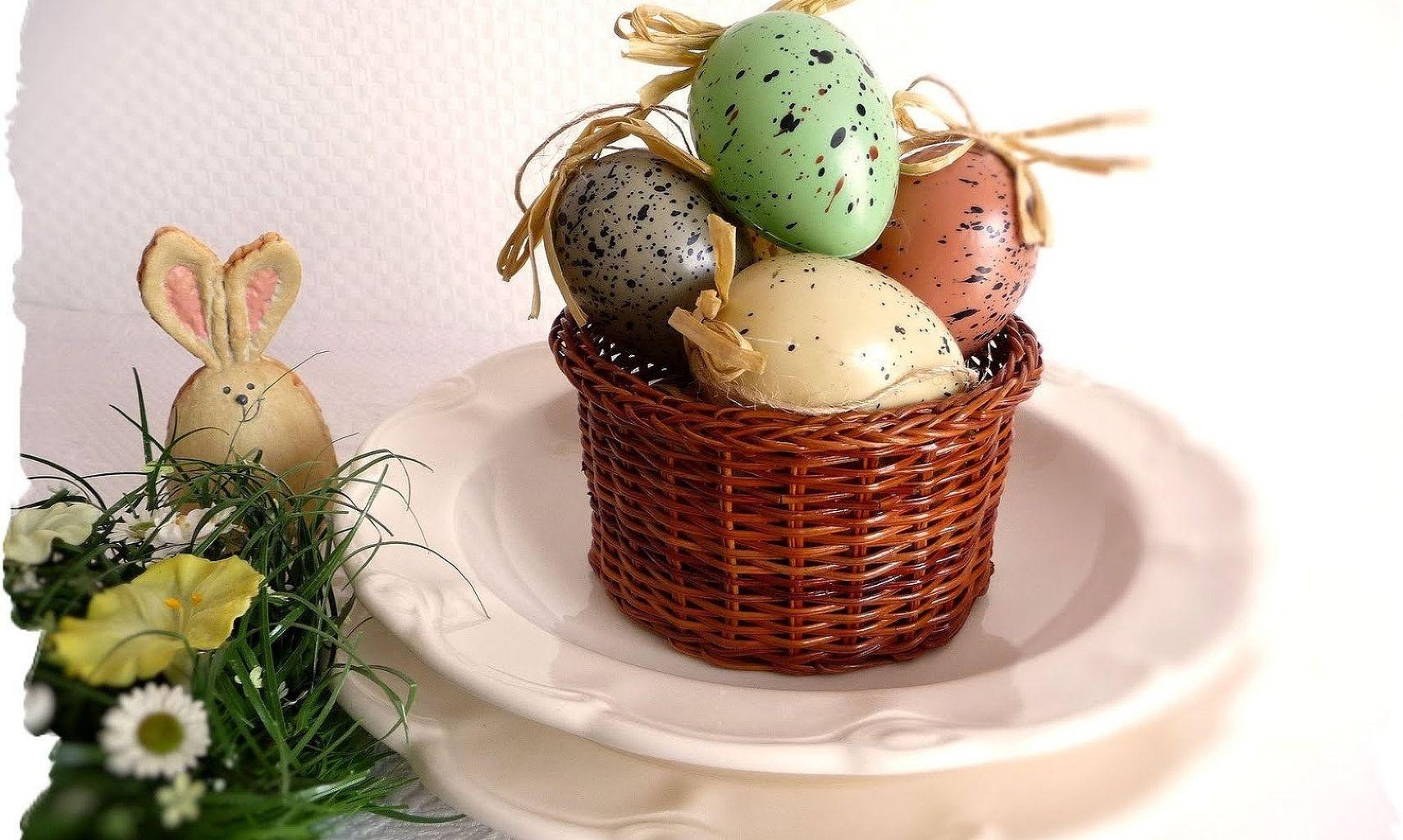 easter, holidays, flowers, eggs, holiday, toy, greens, basket, hare, plates, cymbals Full HD
