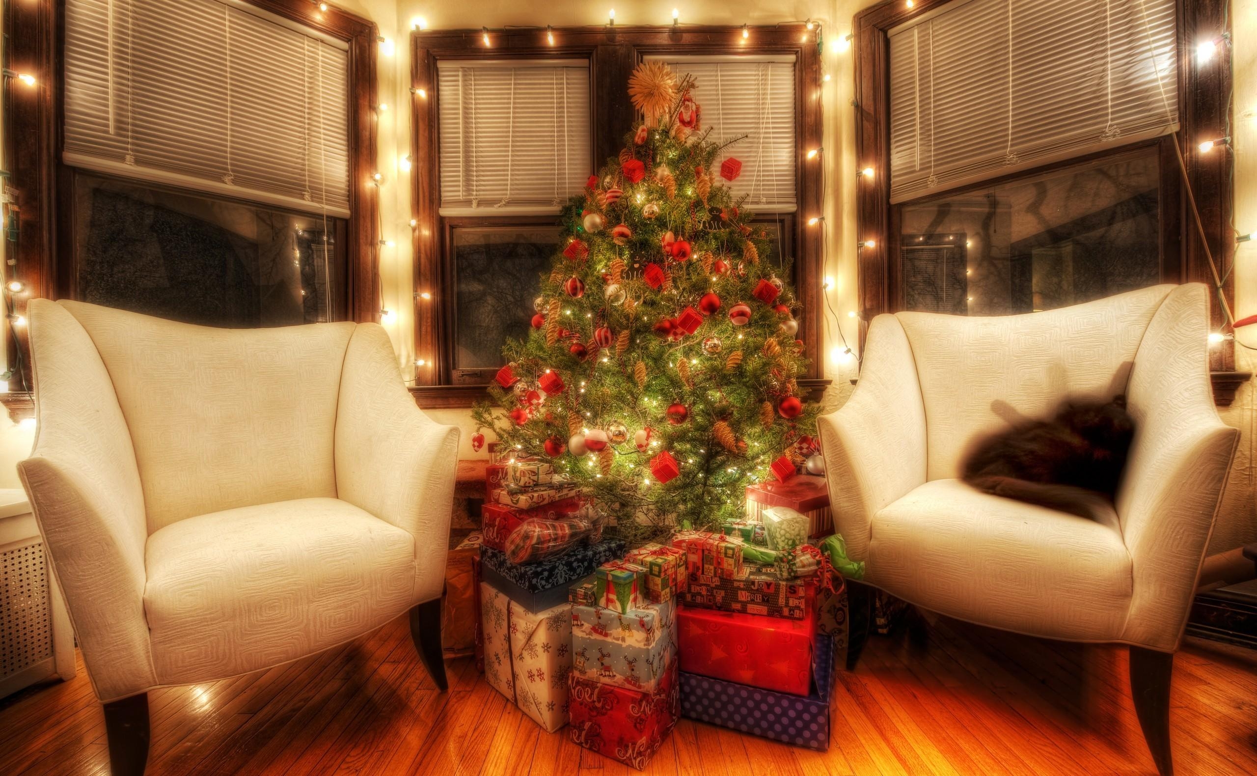 room, decorations, presents, holidays, christmas, christmas tree, chairs, gifts, armchairs HD wallpaper