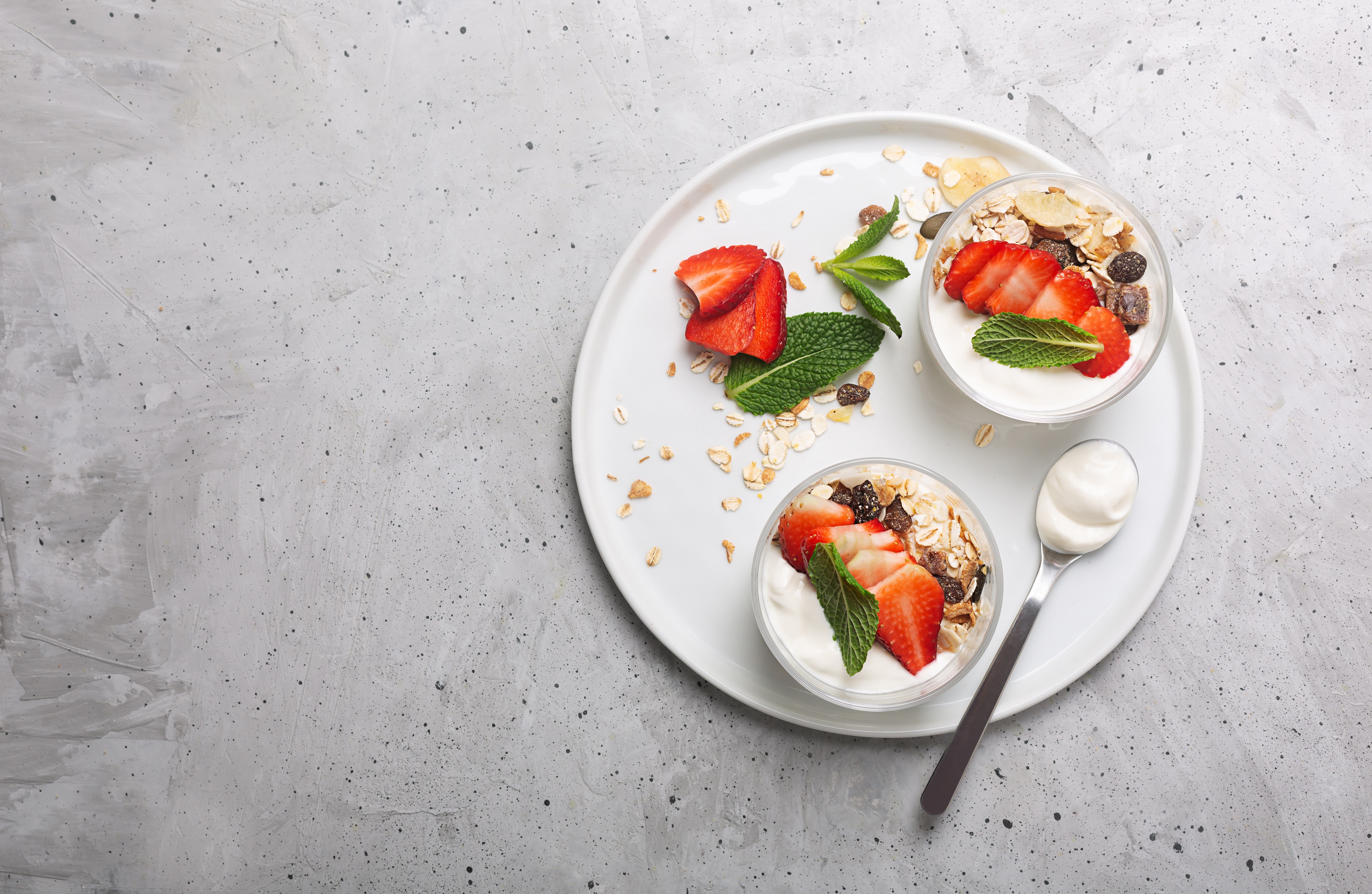 Download mobile wallpaper Food, Strawberry, Berry, Muesli, Breakfast, Yogurt for free.