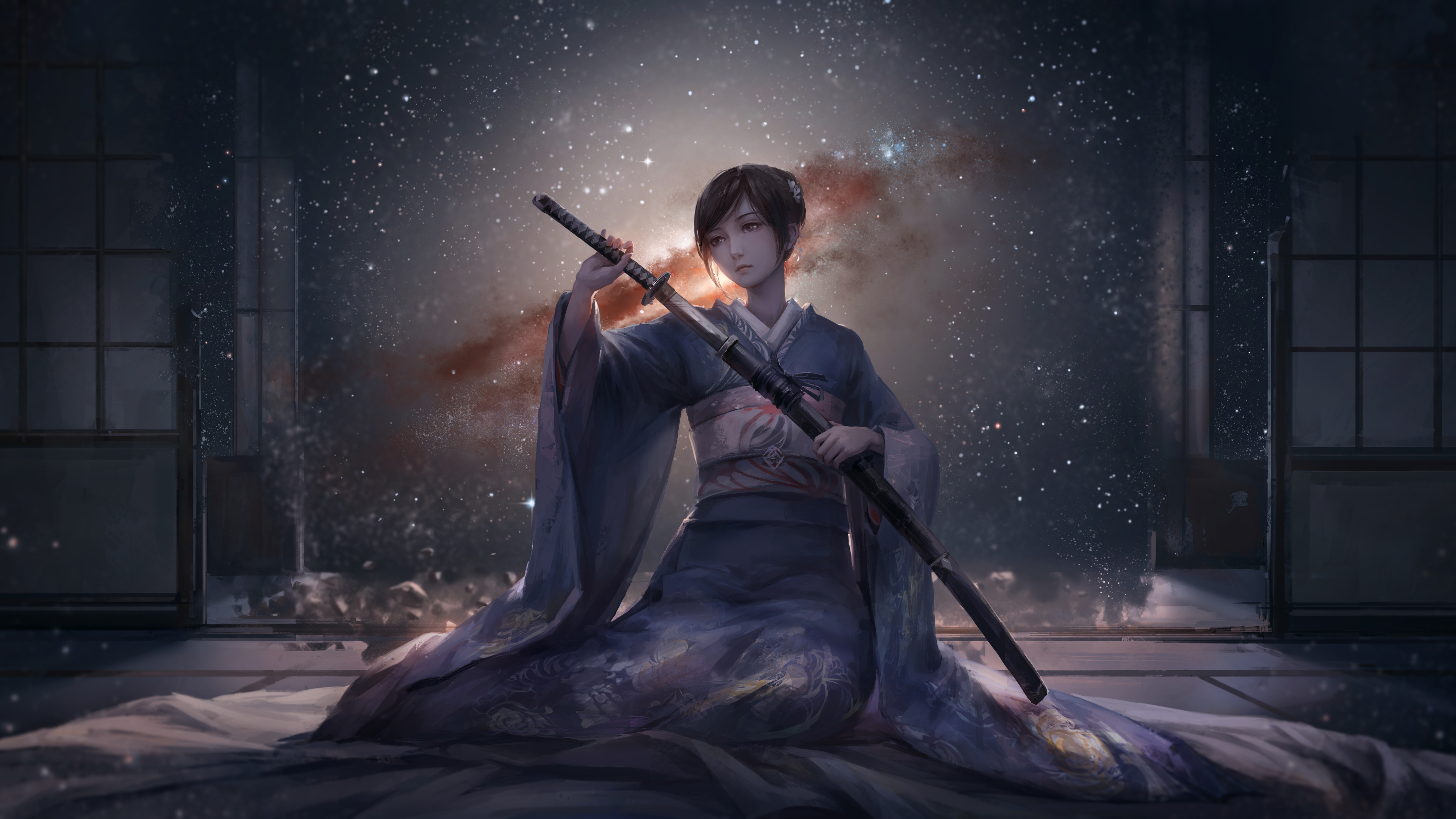 Free download wallpaper Fantasy, Stars, Kimono, Women, Sword, Asian, Woman Warrior on your PC desktop
