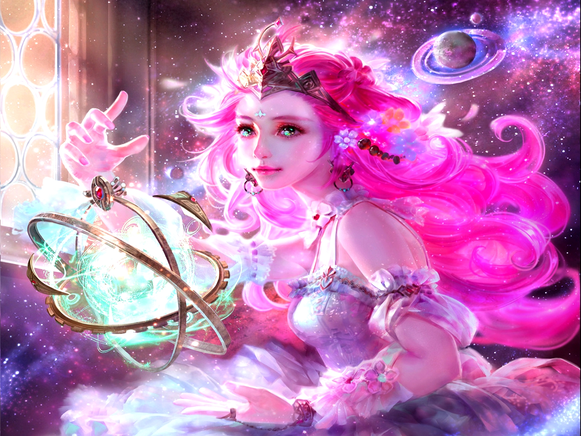 Download mobile wallpaper Fantasy, Crown, Space, Women, Pink Hair for free.