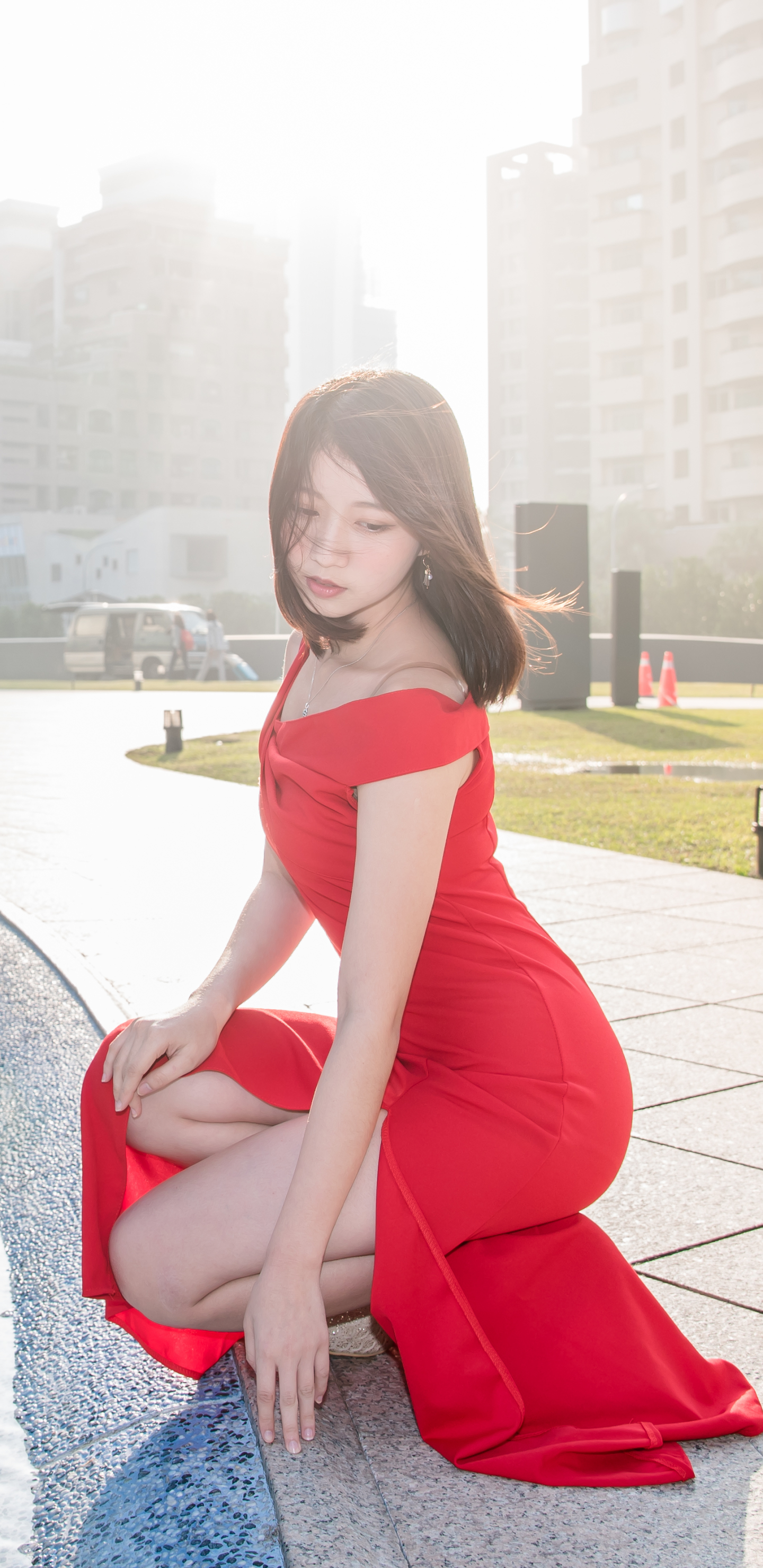 Download mobile wallpaper Brunette, Model, Women, Asian, Red Dress for free.