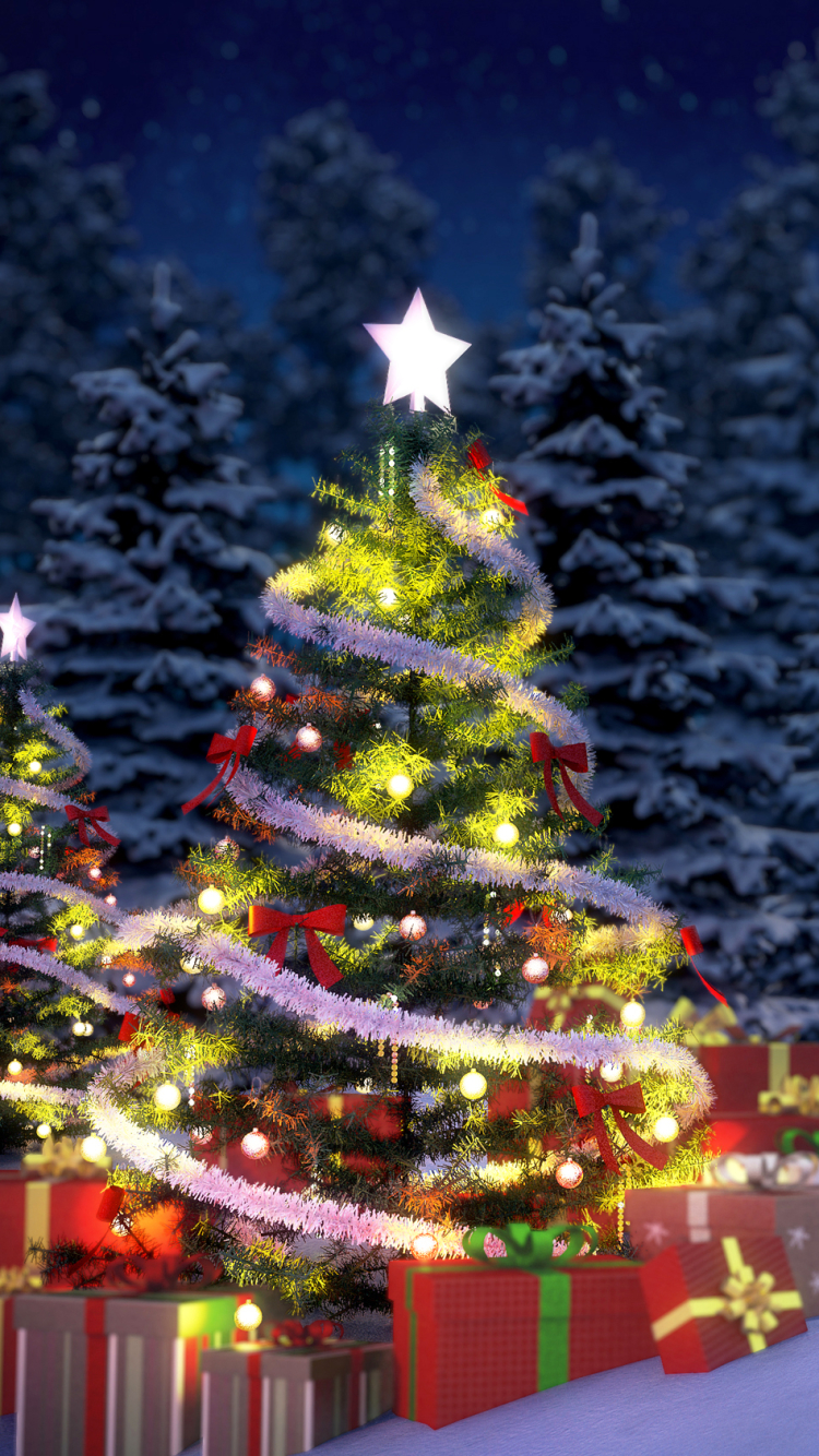Download mobile wallpaper Winter, Night, Snow, Christmas, Holiday, Gift, Christmas Tree for free.