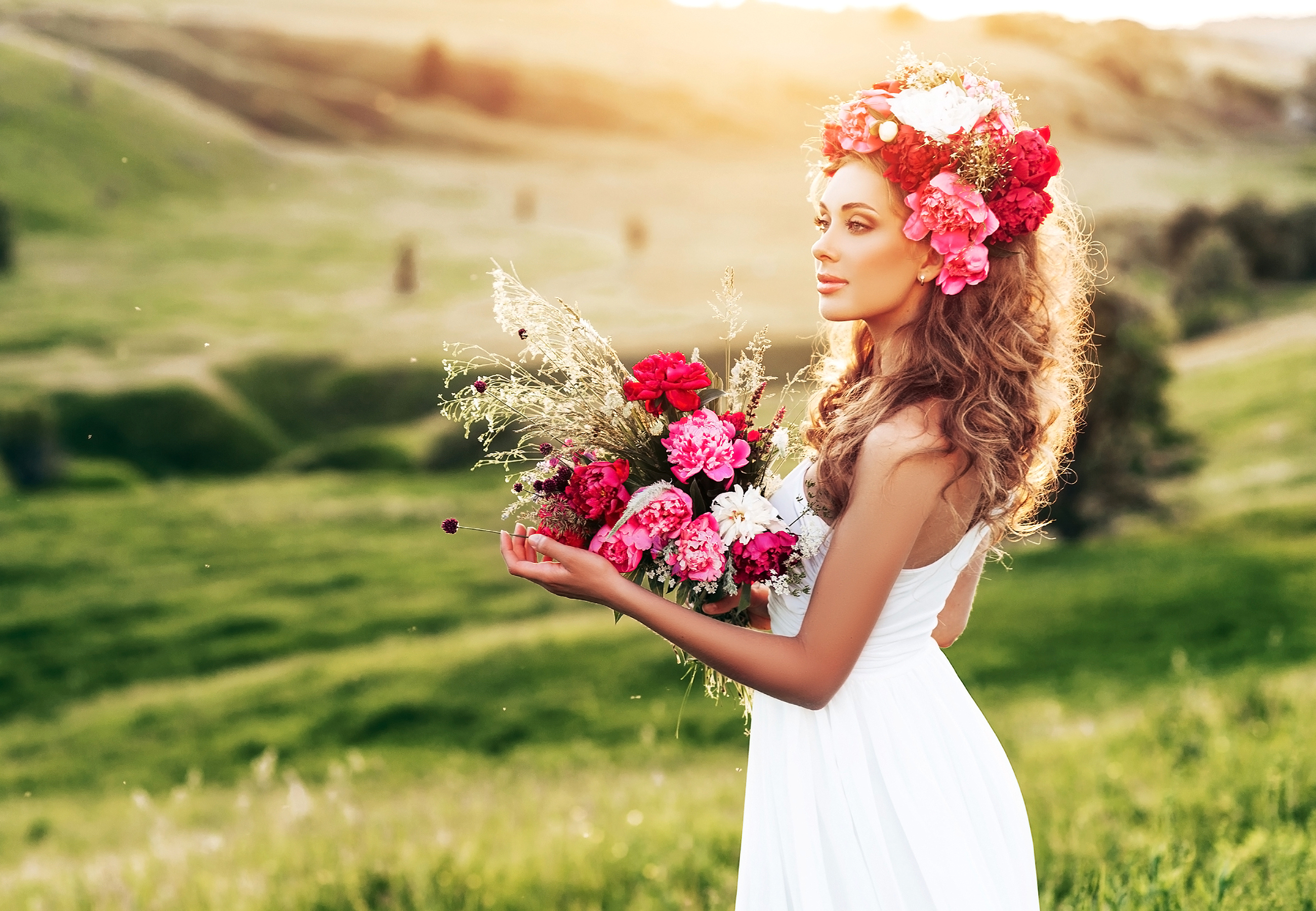 Download mobile wallpaper Bouquet, Wreath, Brunette, Model, Women, White Dress for free.